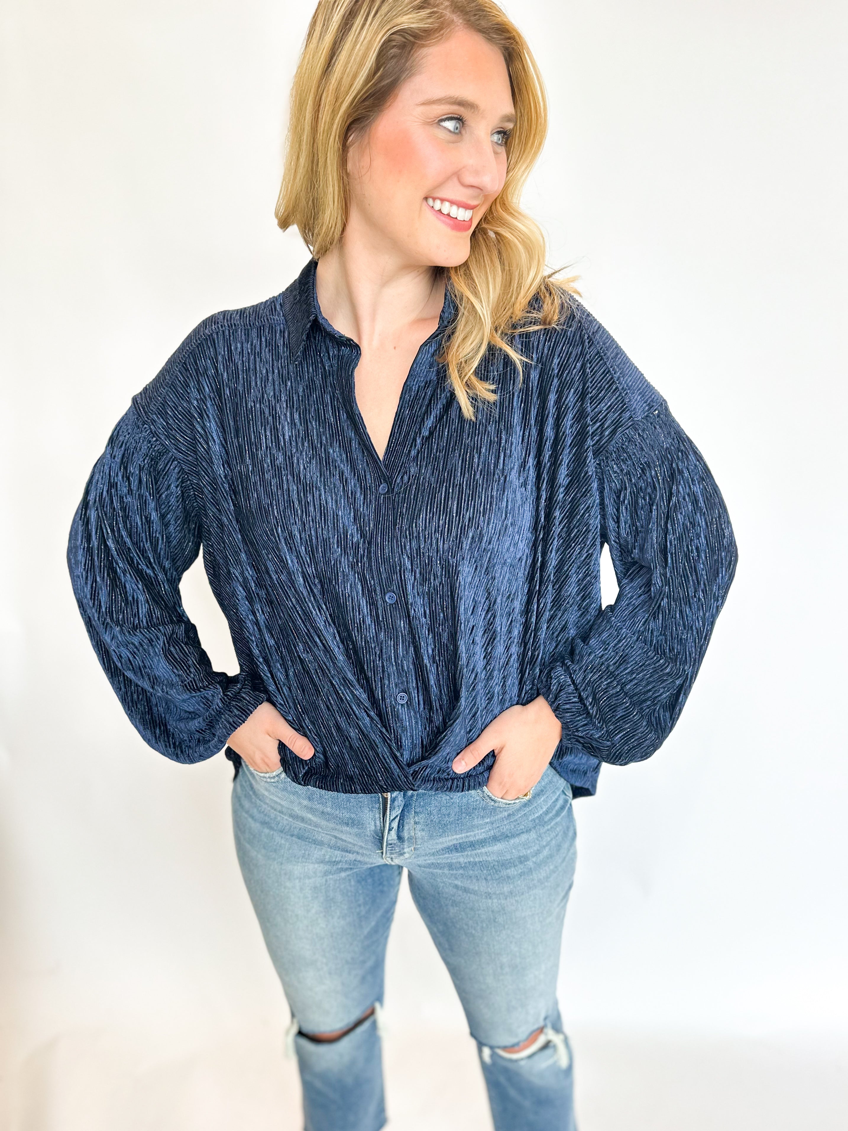 Textured Velvet Blouse - Navy-200 Fashion Blouses-SKIES ARE BLUE-July & June Women's Fashion Boutique Located in San Antonio, Texas