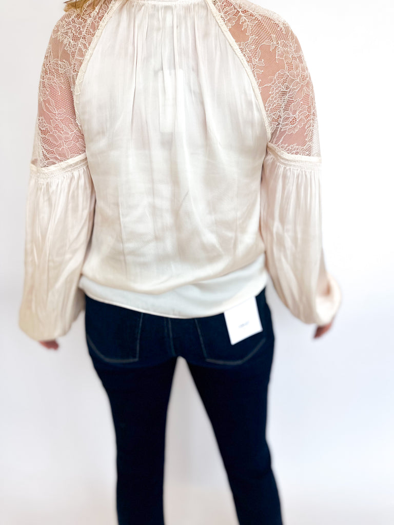 Lace Shoulder Blouse- White-200 Fashion Blouses-CURRENT AIR CLOTHING-July & June Women's Fashion Boutique Located in San Antonio, Texas