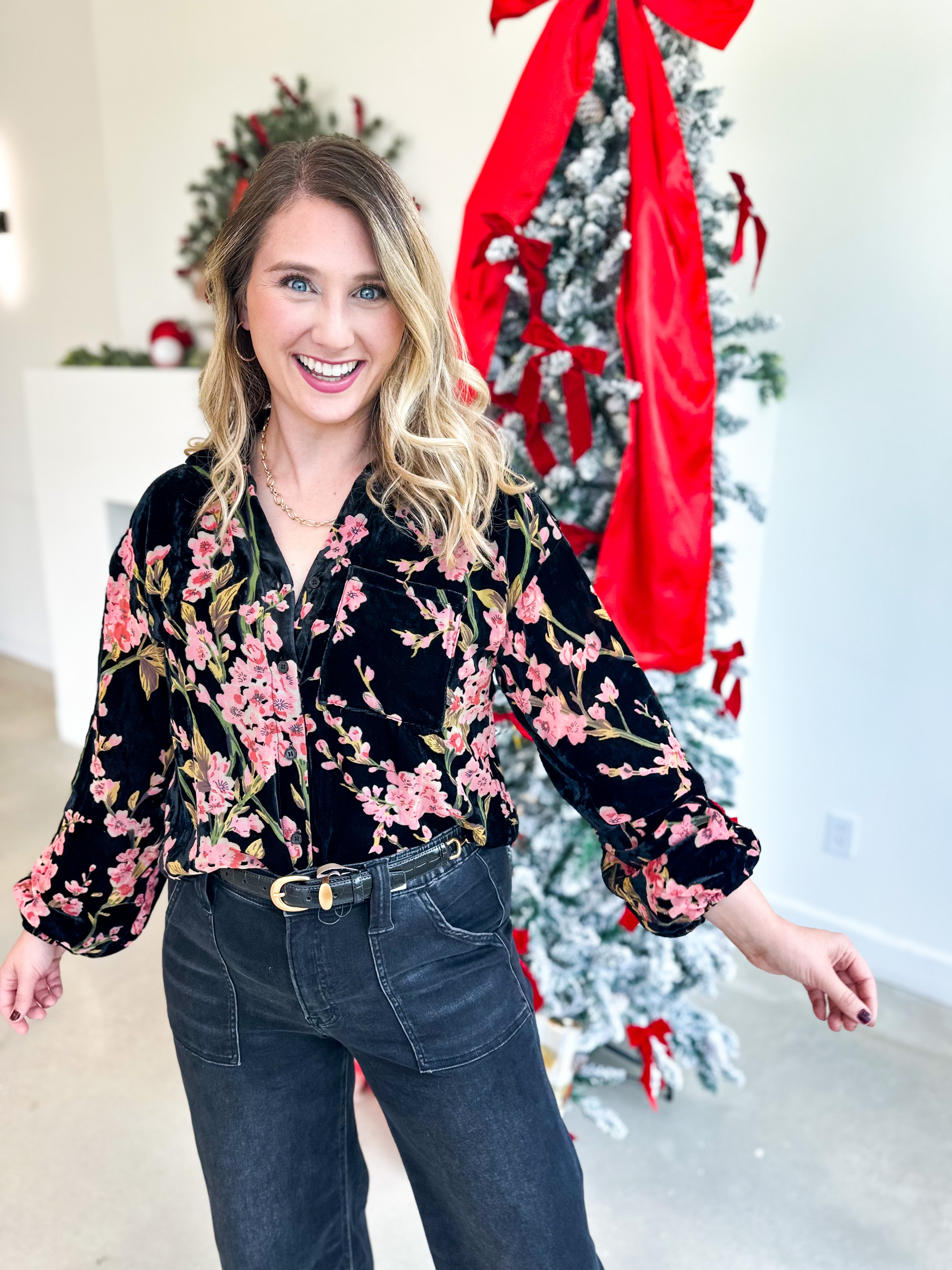 Velvet Floral Blouse - Black-200 Fashion Blouses-JODIFL-July & June Women's Fashion Boutique Located in San Antonio, Texas