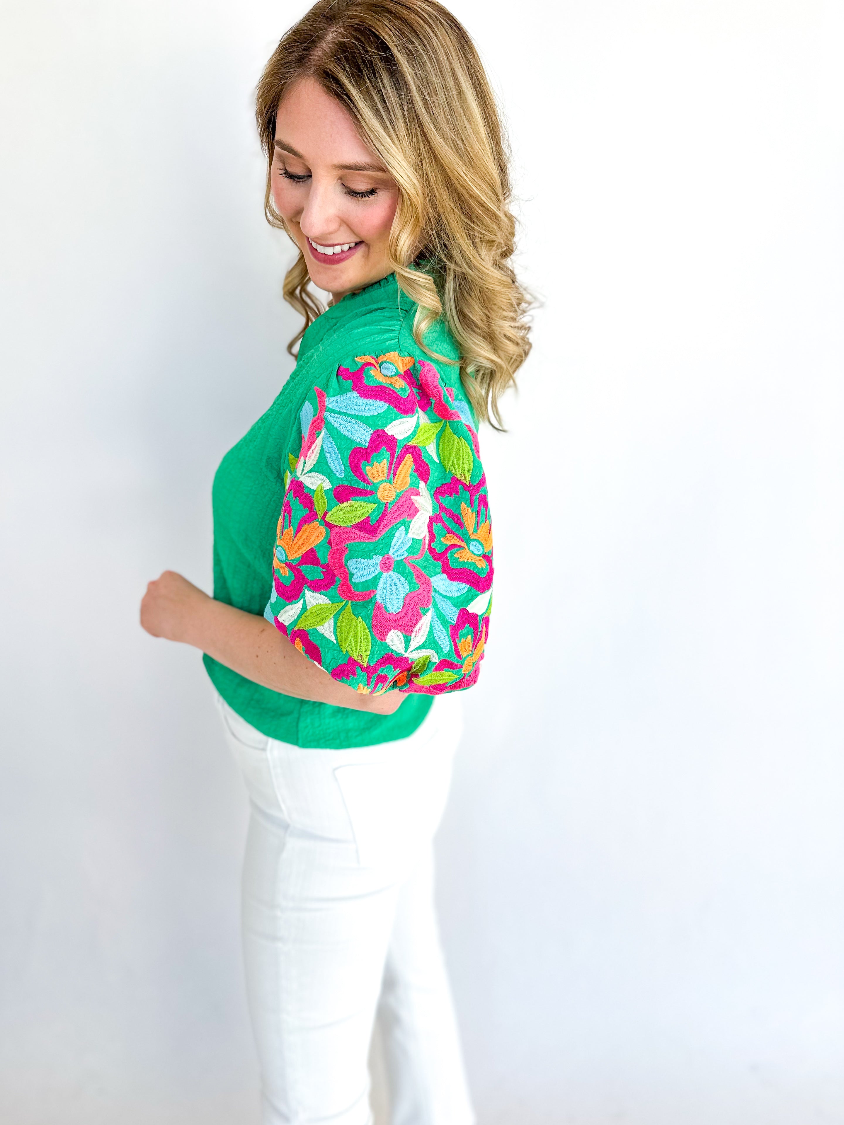 Kelly Green Embroidered Blouse - THML-200 Fashion Blouses-THML-July & June Women's Fashion Boutique Located in San Antonio, Texas