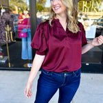 Pink Friday Doorbuster - Puff Sleeve Satin Blouse - Wine - IN STORE-PINK FRIDAY DOORBUSTERS-GLAM-July & June Women's Fashion Boutique Located in San Antonio, Texas