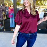 Pink Friday Doorbuster - Puff Sleeve Satin Blouse - Wine - IN STORE-PINK FRIDAY DOORBUSTERS-GLAM-July & June Women's Fashion Boutique Located in San Antonio, Texas