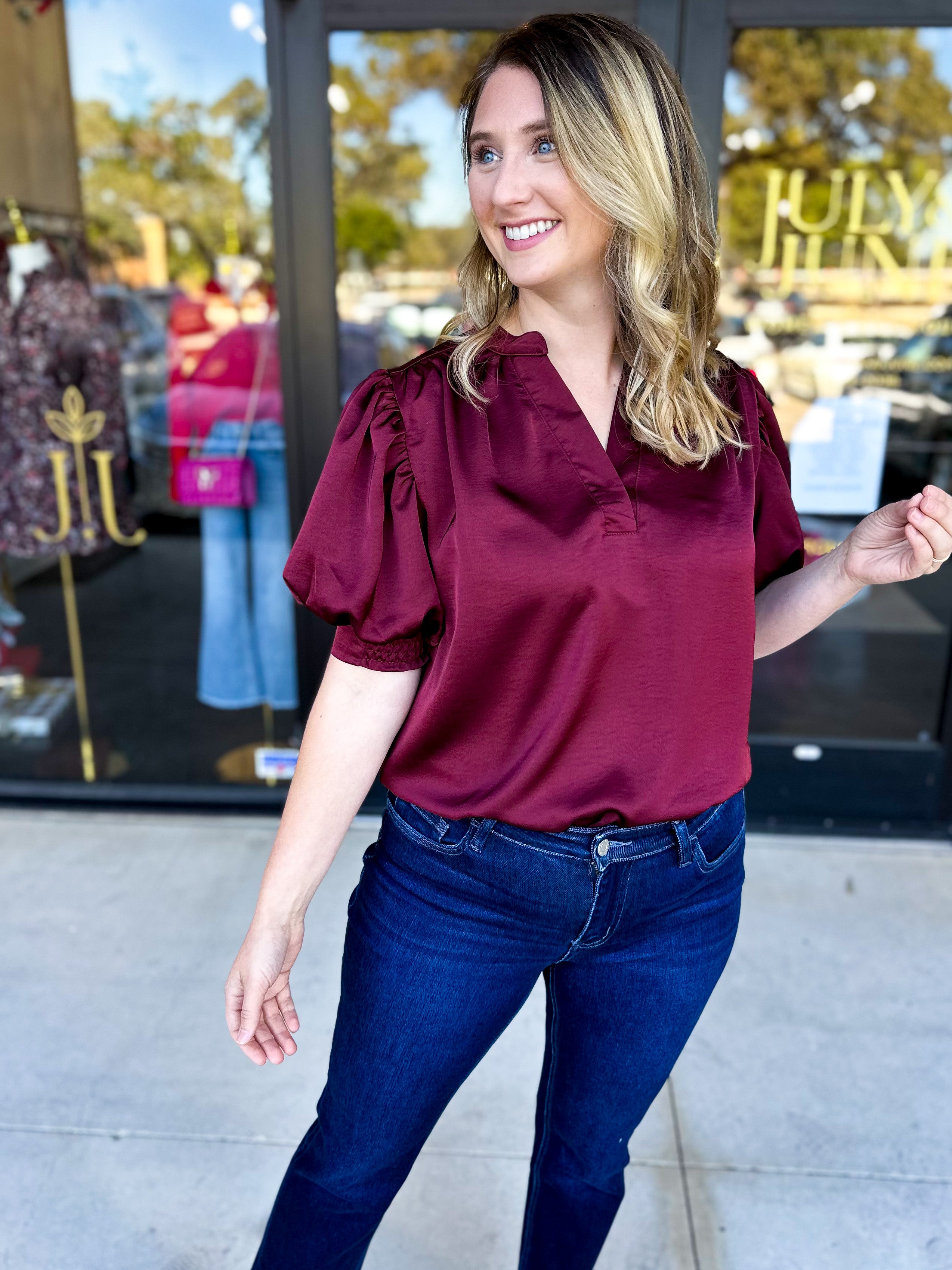 Pink Friday Doorbuster - Puff Sleeve Satin Blouse - Wine - IN STORE-PINK FRIDAY DOORBUSTERS-GLAM-July & June Women's Fashion Boutique Located in San Antonio, Texas