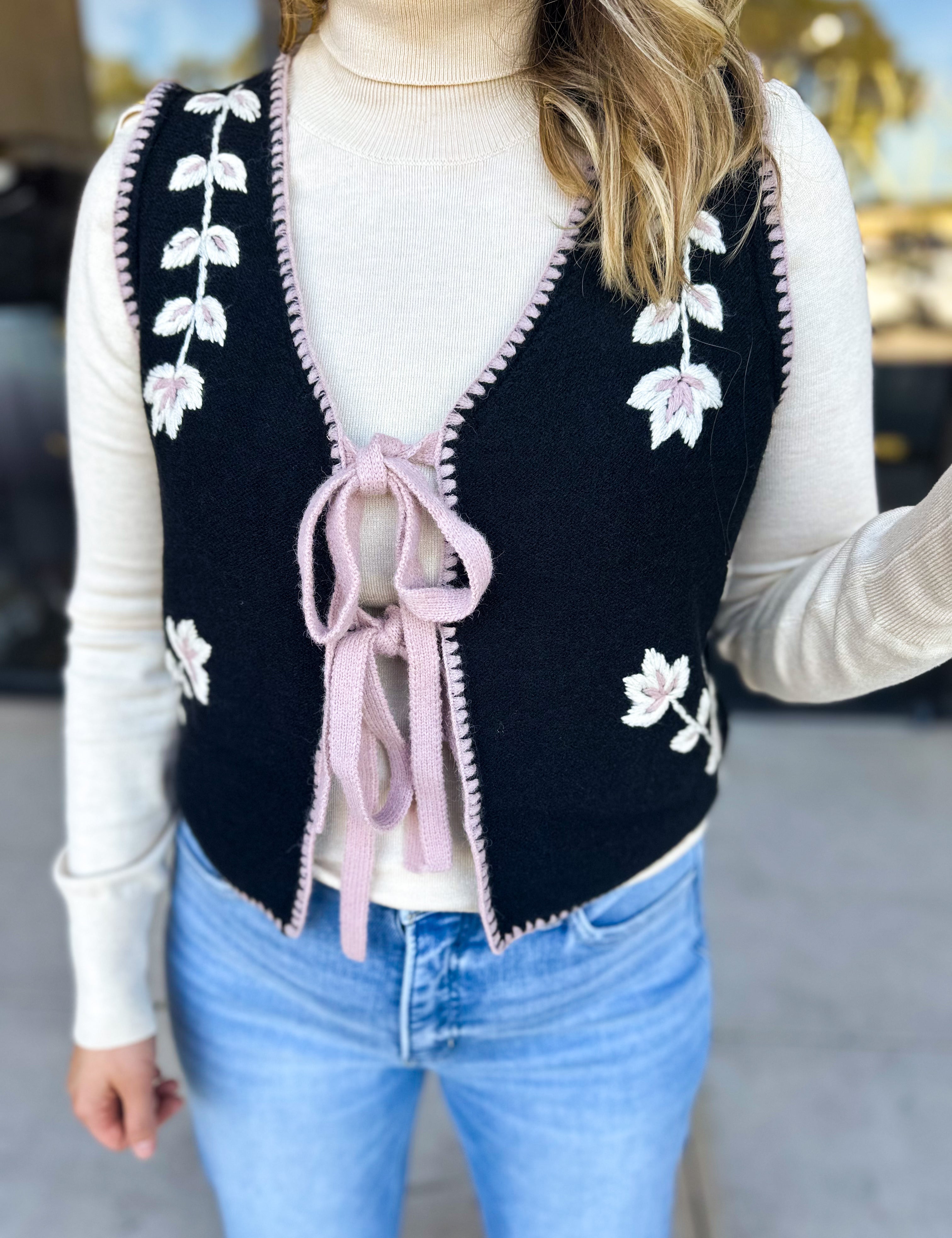 Mauve & Black Knit Floral Vest-600 Outerwear-LISTICLE-July & June Women's Fashion Boutique Located in San Antonio, Texas