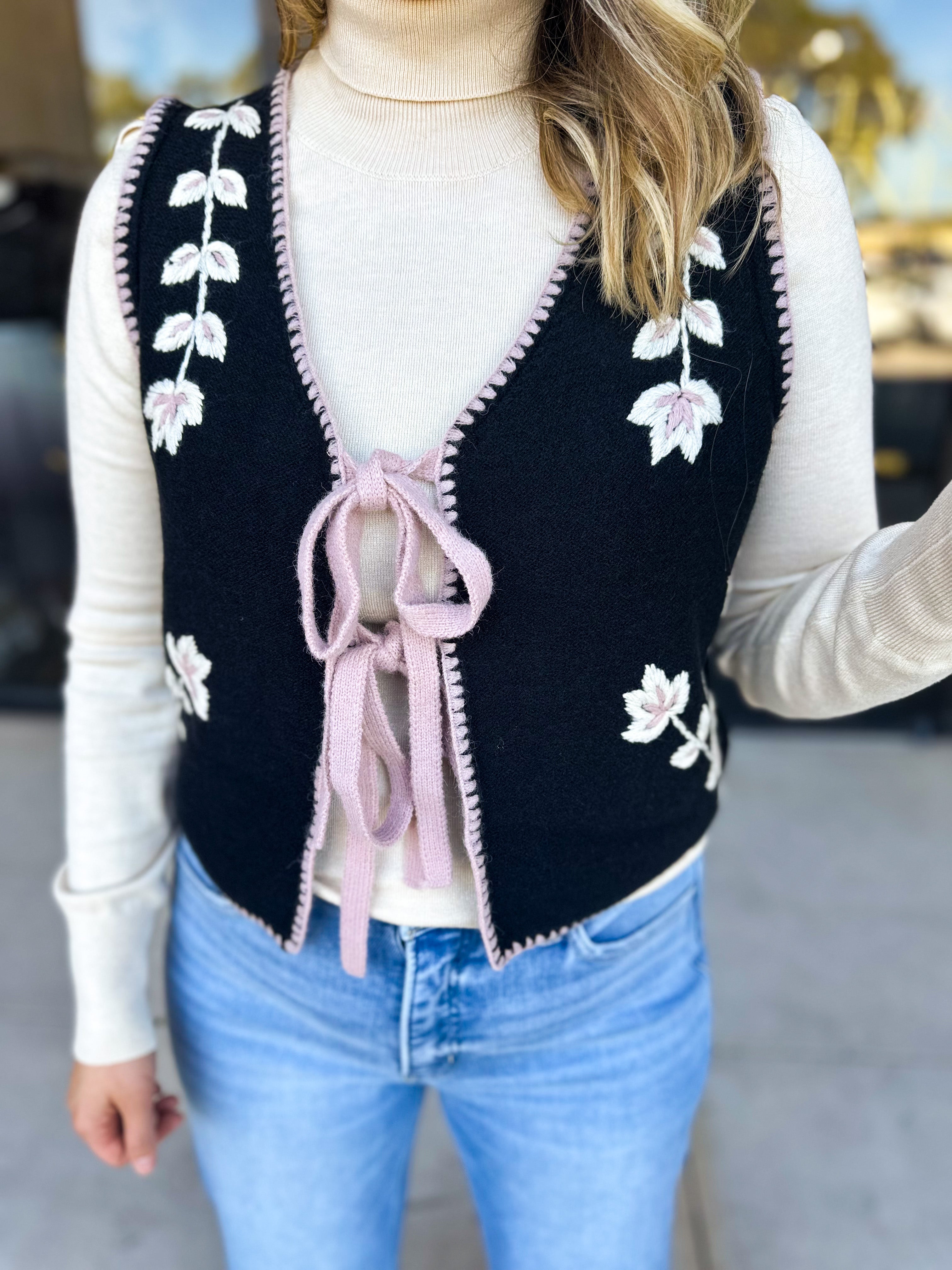 Mauve & Black Knit Floral Vest-600 Outerwear-LISTICLE-July & June Women's Fashion Boutique Located in San Antonio, Texas