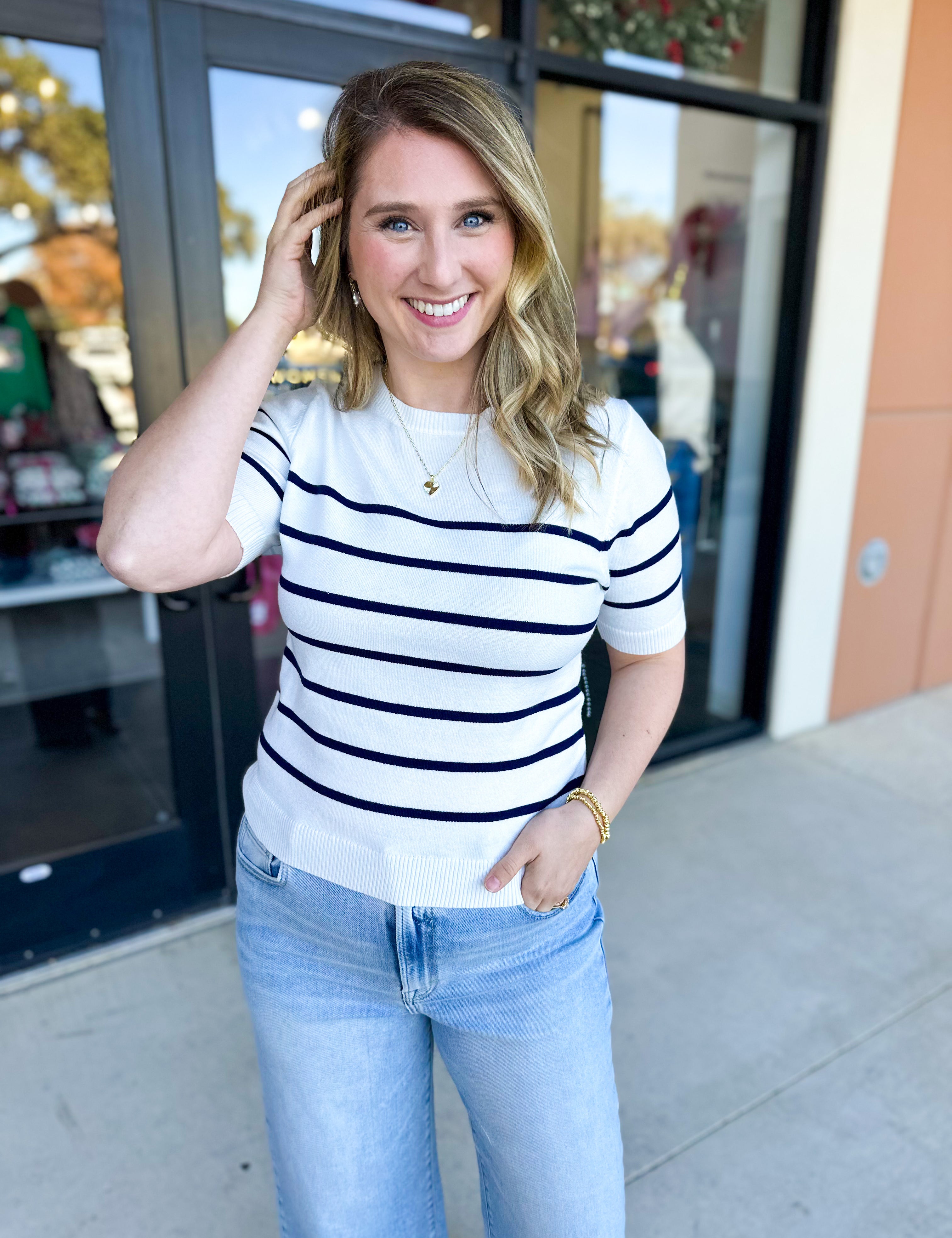 Short Sleeve Stripped Sweater Top - Ivory & Navy-230 Sweaters/Cardis-ALLIE ROSE-July & June Women's Fashion Boutique Located in San Antonio, Texas