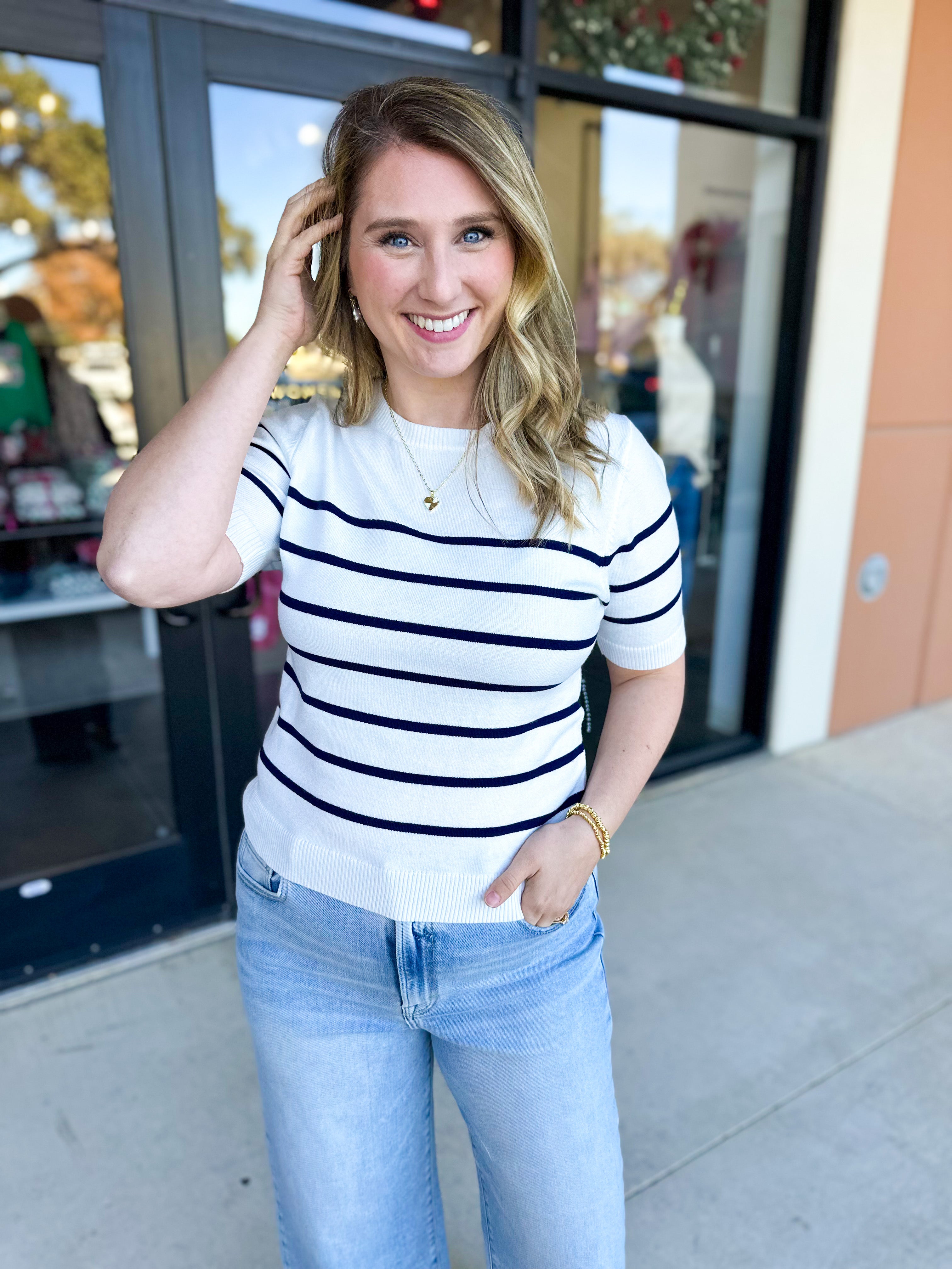 Short Sleeve Stripped Sweater Top - Ivory & Navy-230 Sweaters/Cardis-ALLIE ROSE-July & June Women's Fashion Boutique Located in San Antonio, Texas