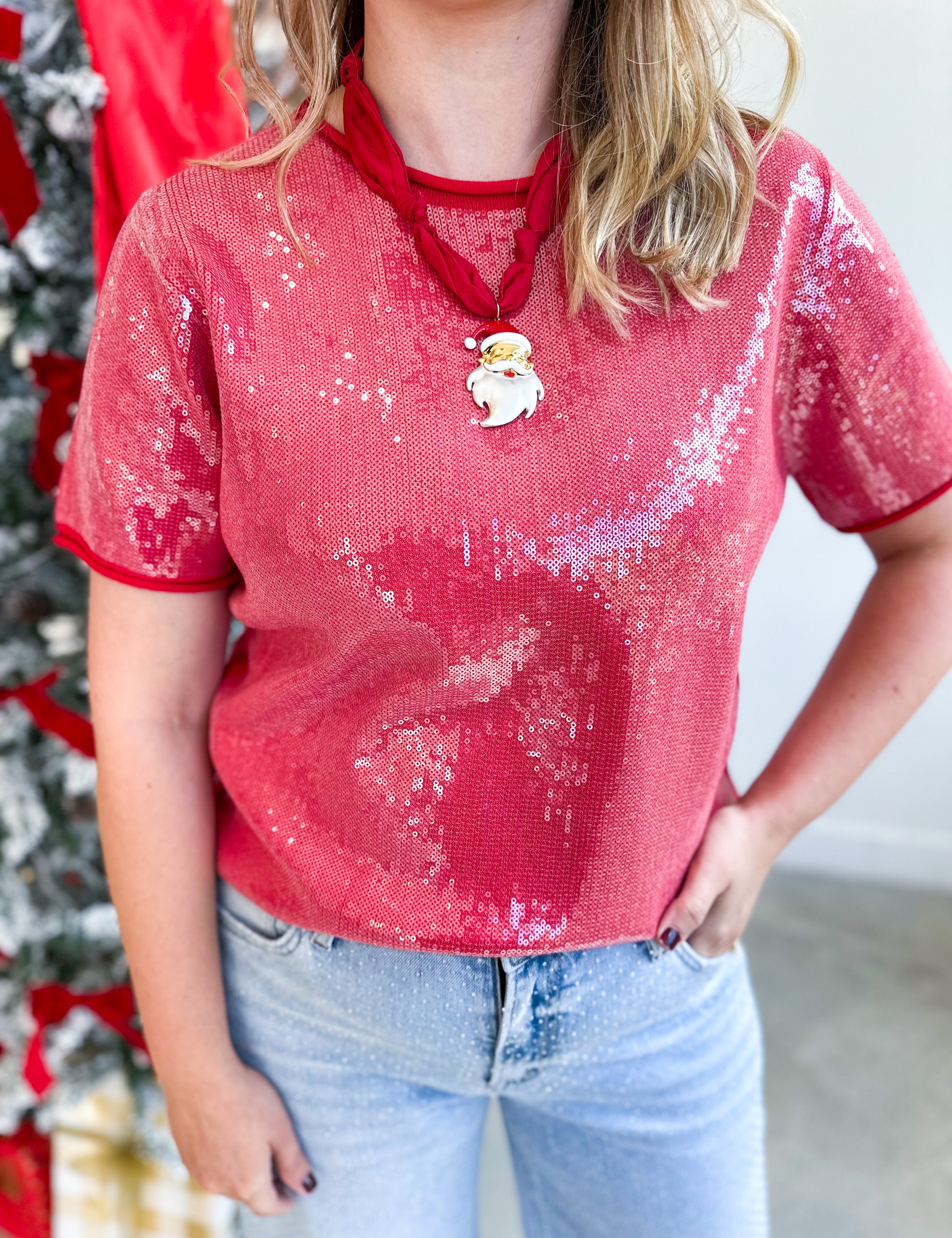 Holiday Party Sweater Top - Red-200 Fashion Blouses-JODIFL-July & June Women's Fashion Boutique Located in San Antonio, Texas