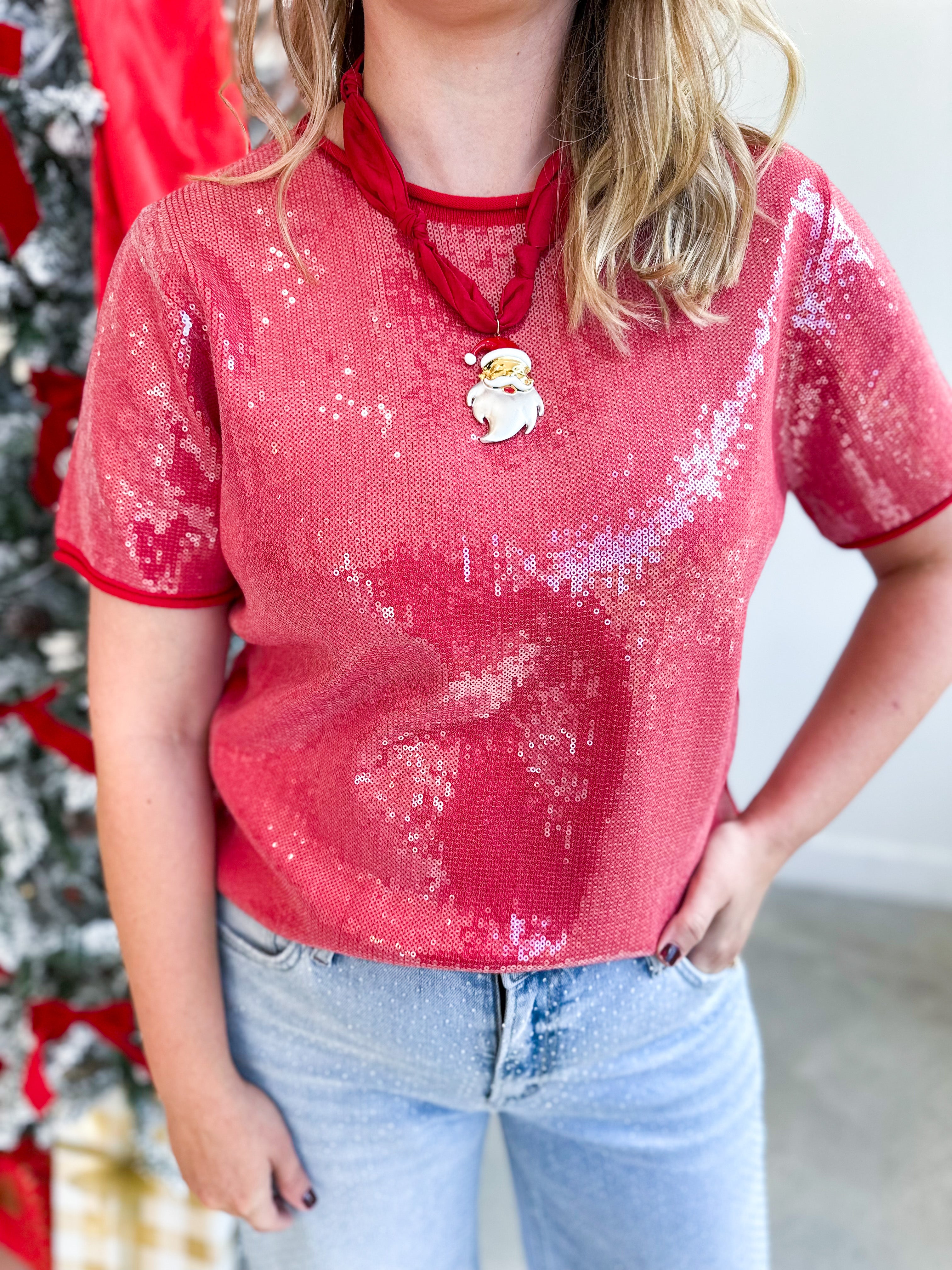 Holiday Party Sweater Top - Red-200 Fashion Blouses-JODIFL-July & June Women's Fashion Boutique Located in San Antonio, Texas