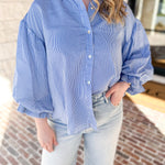 Pinstripe Bubble Sleeve Blouse - Baby Blue-200 Fashion Blouses-FATE-July & June Women's Fashion Boutique Located in San Antonio, Texas
