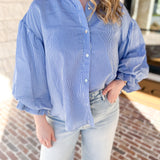 Pinstripe Bubble Sleeve Blouse - Baby Blue-200 Fashion Blouses-FATE-July & June Women's Fashion Boutique Located in San Antonio, Texas