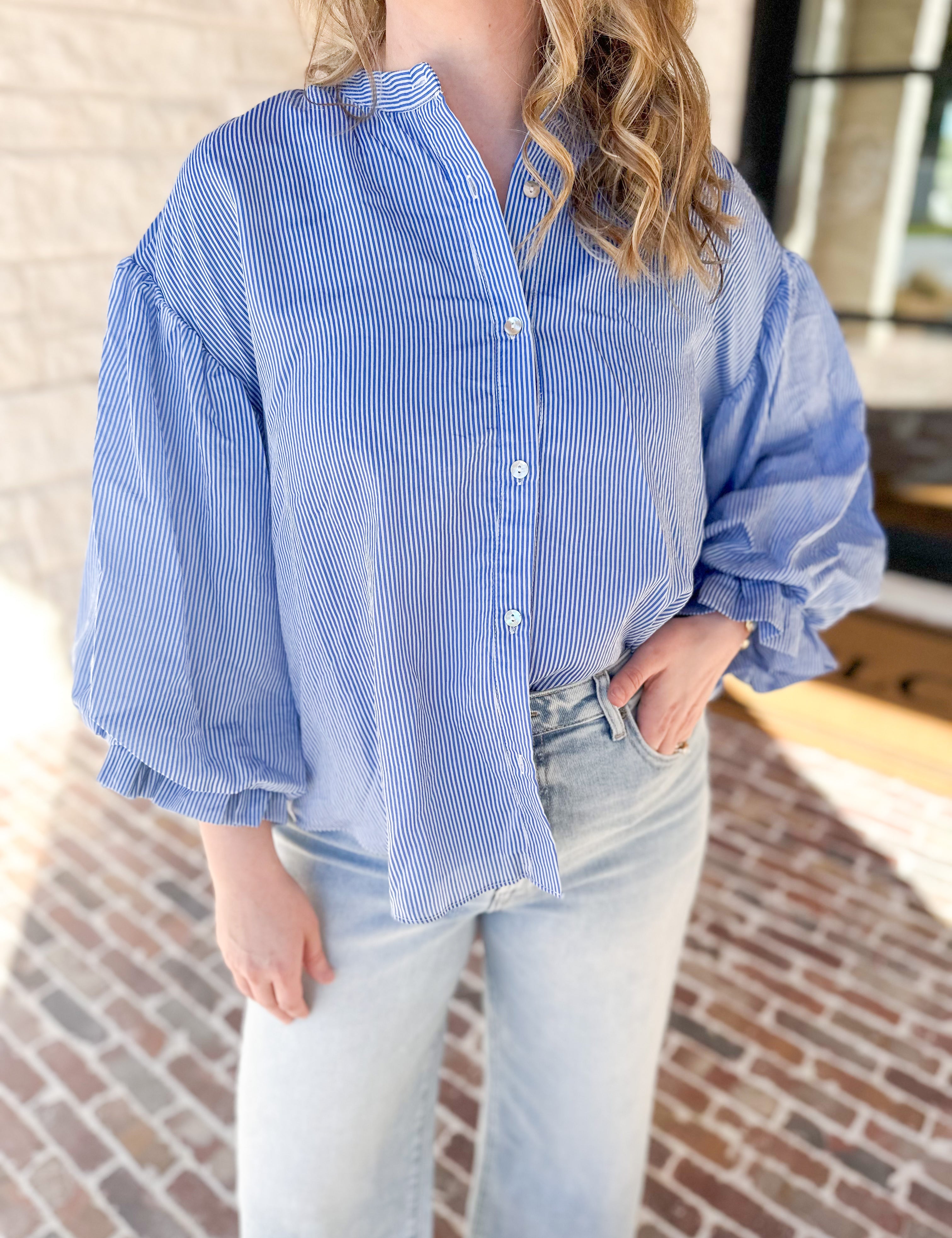 Pinstripe Bubble Sleeve Blouse - Baby Blue-200 Fashion Blouses-FATE-July & June Women's Fashion Boutique Located in San Antonio, Texas