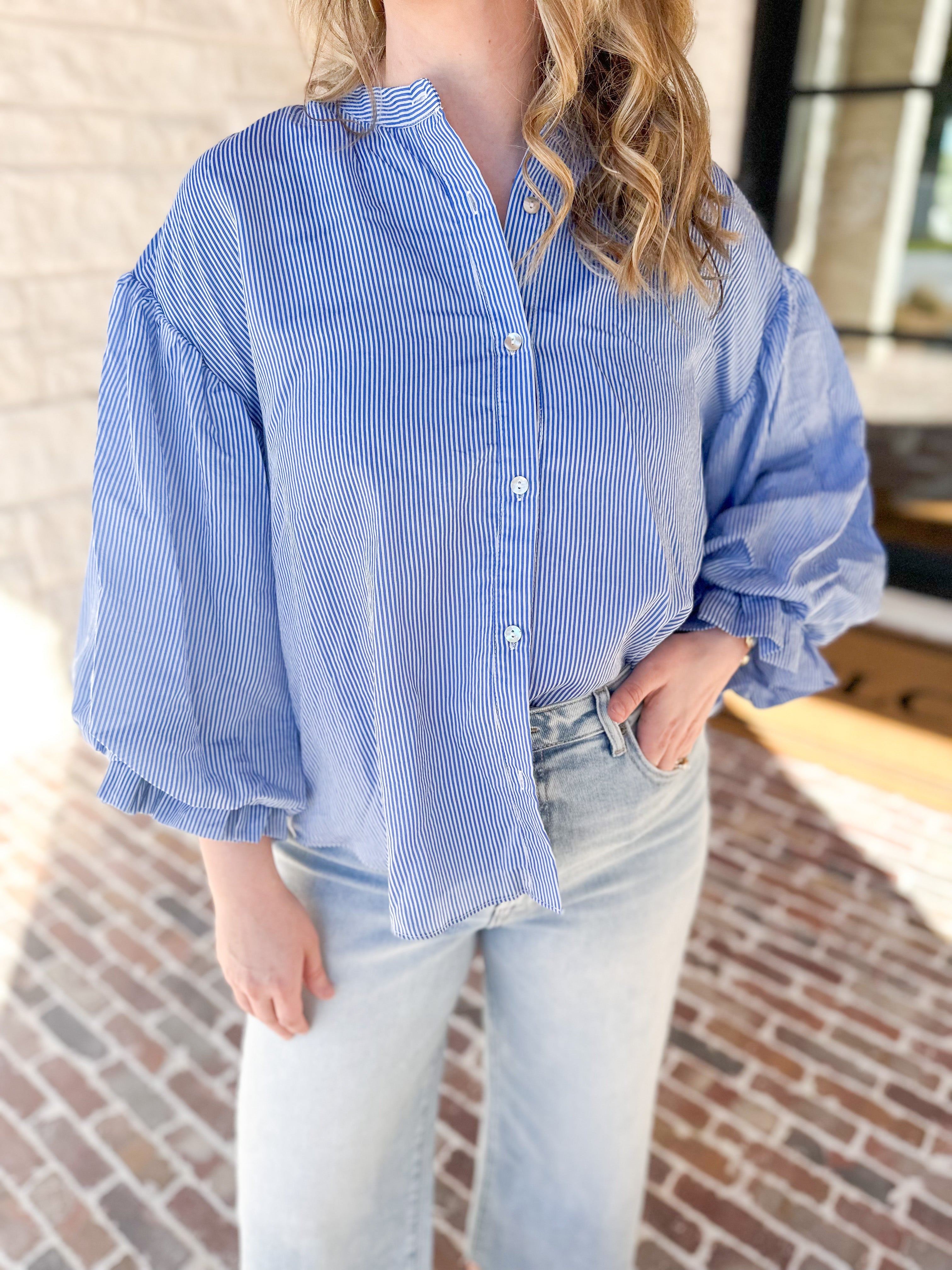 Pinstripe Bubble Sleeve Blouse - Baby Blue-200 Fashion Blouses-FATE-July & June Women's Fashion Boutique Located in San Antonio, Texas