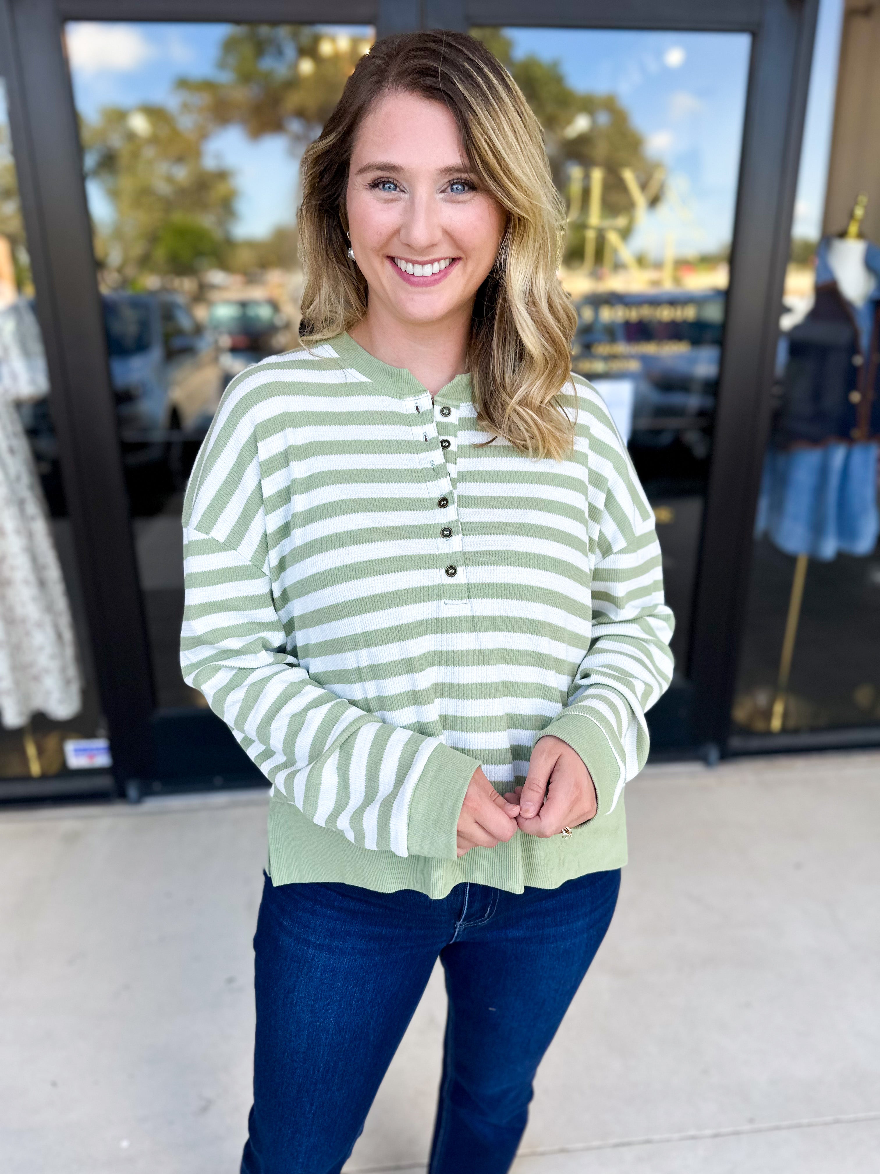 Casual Cool Henley Long Sleeve - Sage-210 Casual Blouses-POLOGRAM-July & June Women's Fashion Boutique Located in San Antonio, Texas