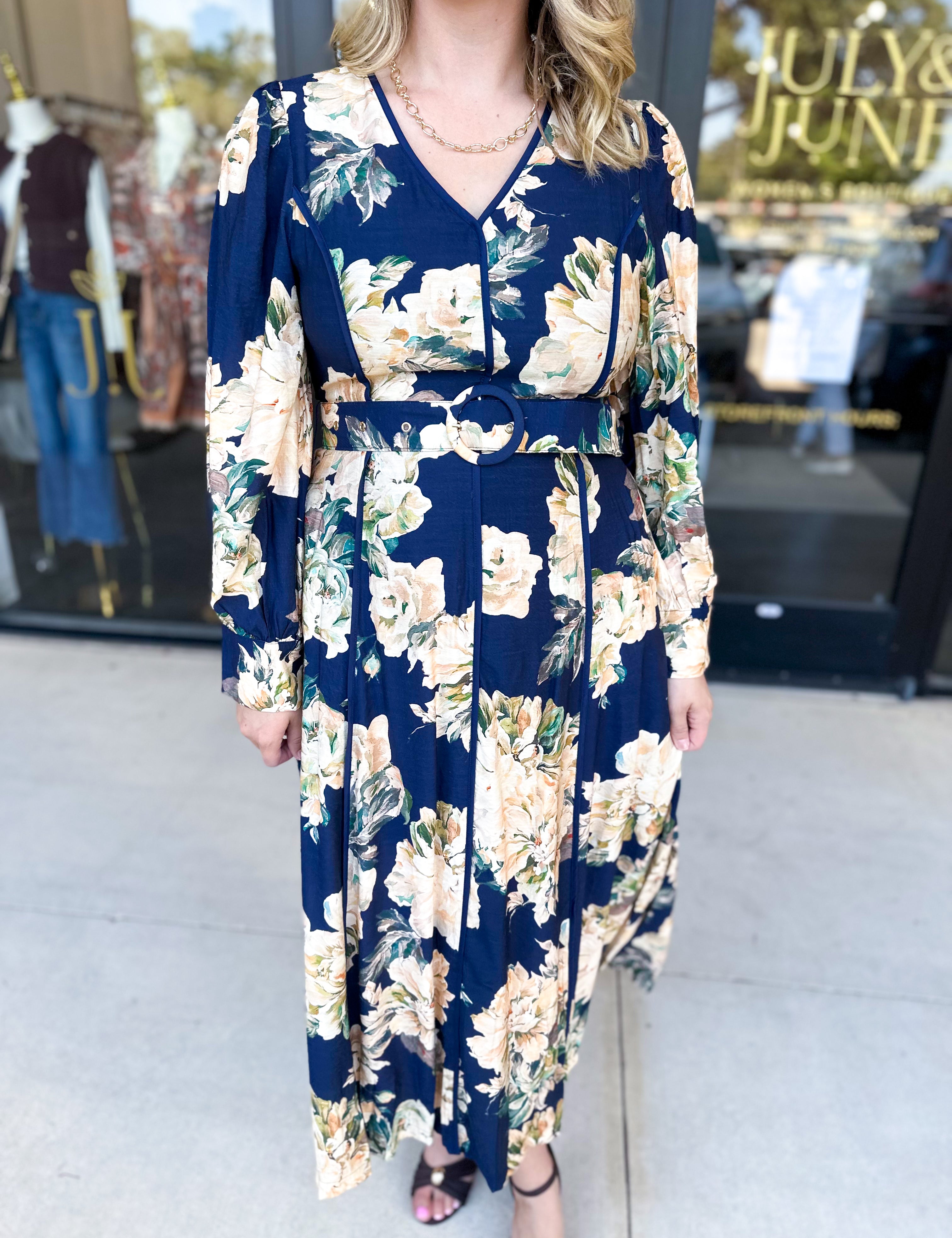 Fall Meadows Midi Dress - Midnight Blue-500 Midi-ENTRO-July & June Women's Fashion Boutique Located in San Antonio, Texas