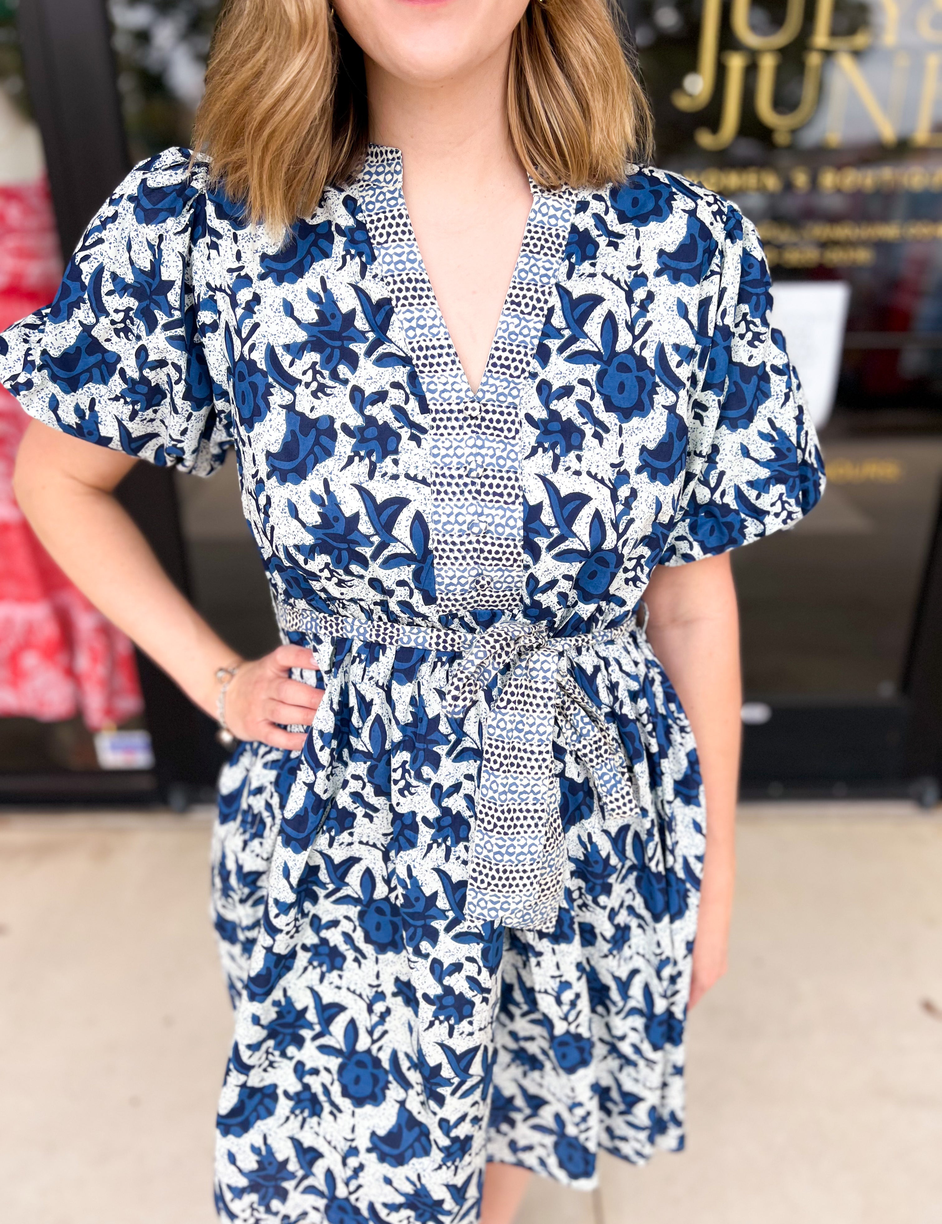 THML - Blue & Ivory Floral Mini Dress-510 Mini-THML-July & June Women's Fashion Boutique Located in San Antonio, Texas