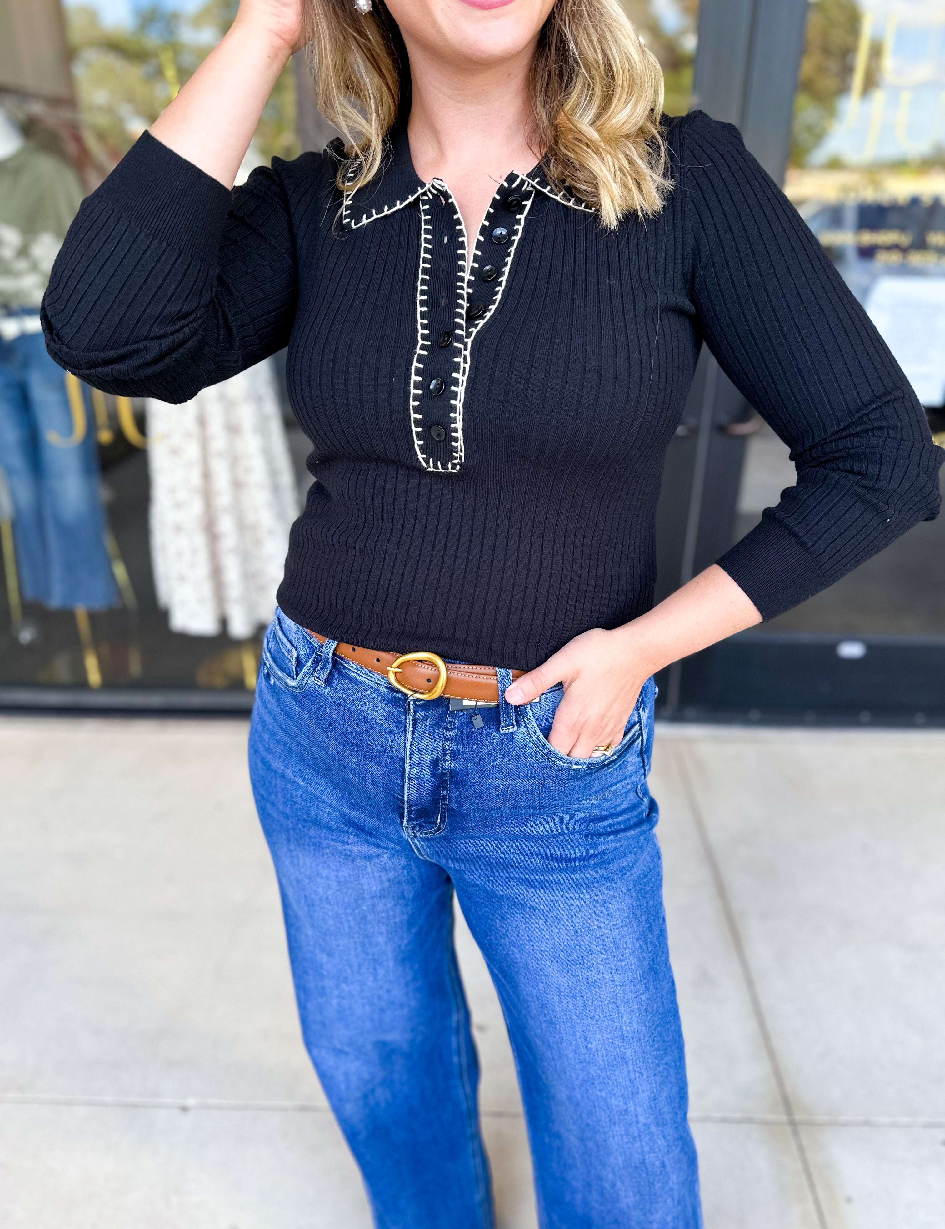 Tailored Knit Long Sleeve - Black-230 Sweaters/Cardis-LISTICLE-July & June Women's Fashion Boutique Located in San Antonio, Texas