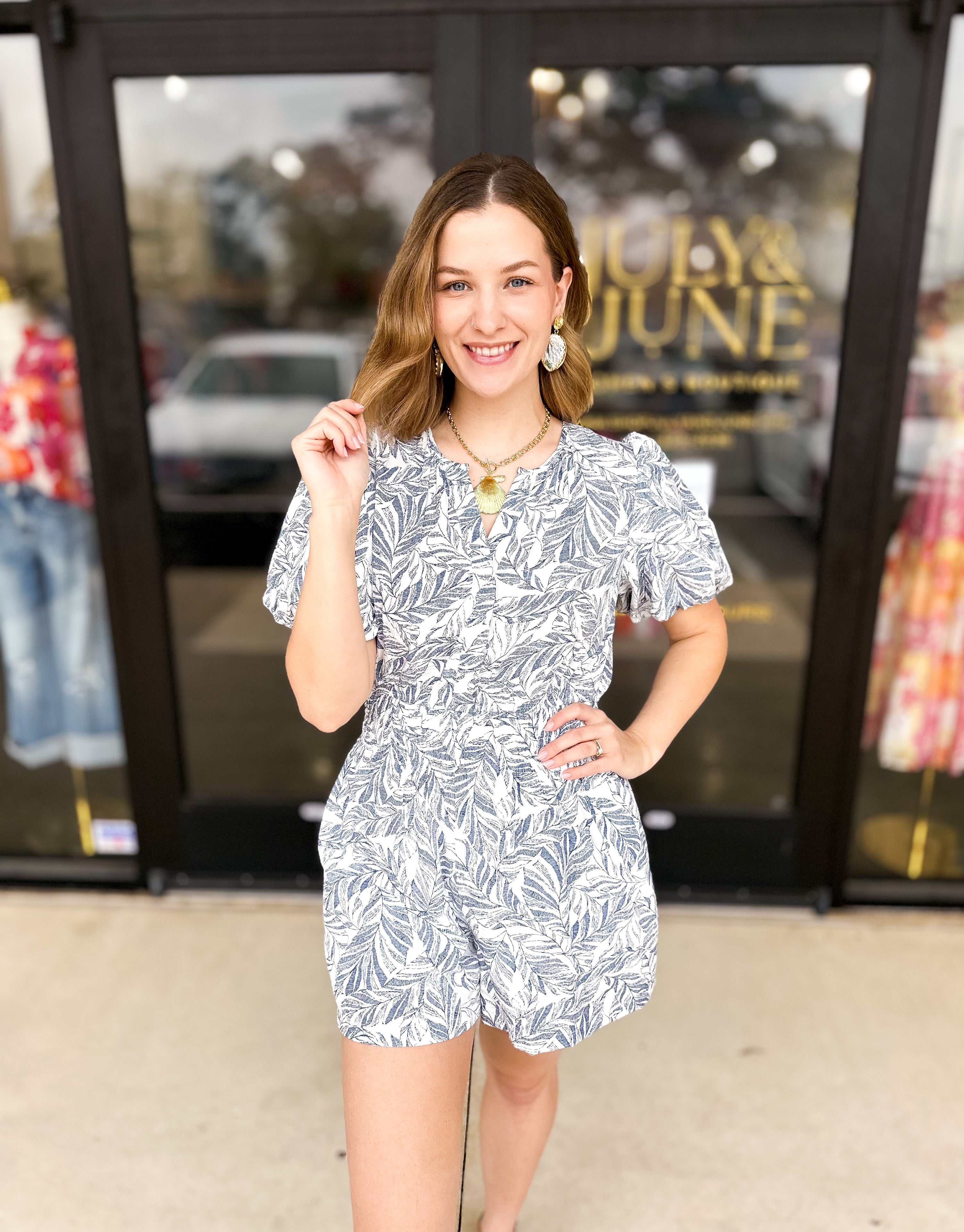 Navy Palm Romper-510 Mini-JODIFL-July & June Women's Fashion Boutique Located in San Antonio, Texas