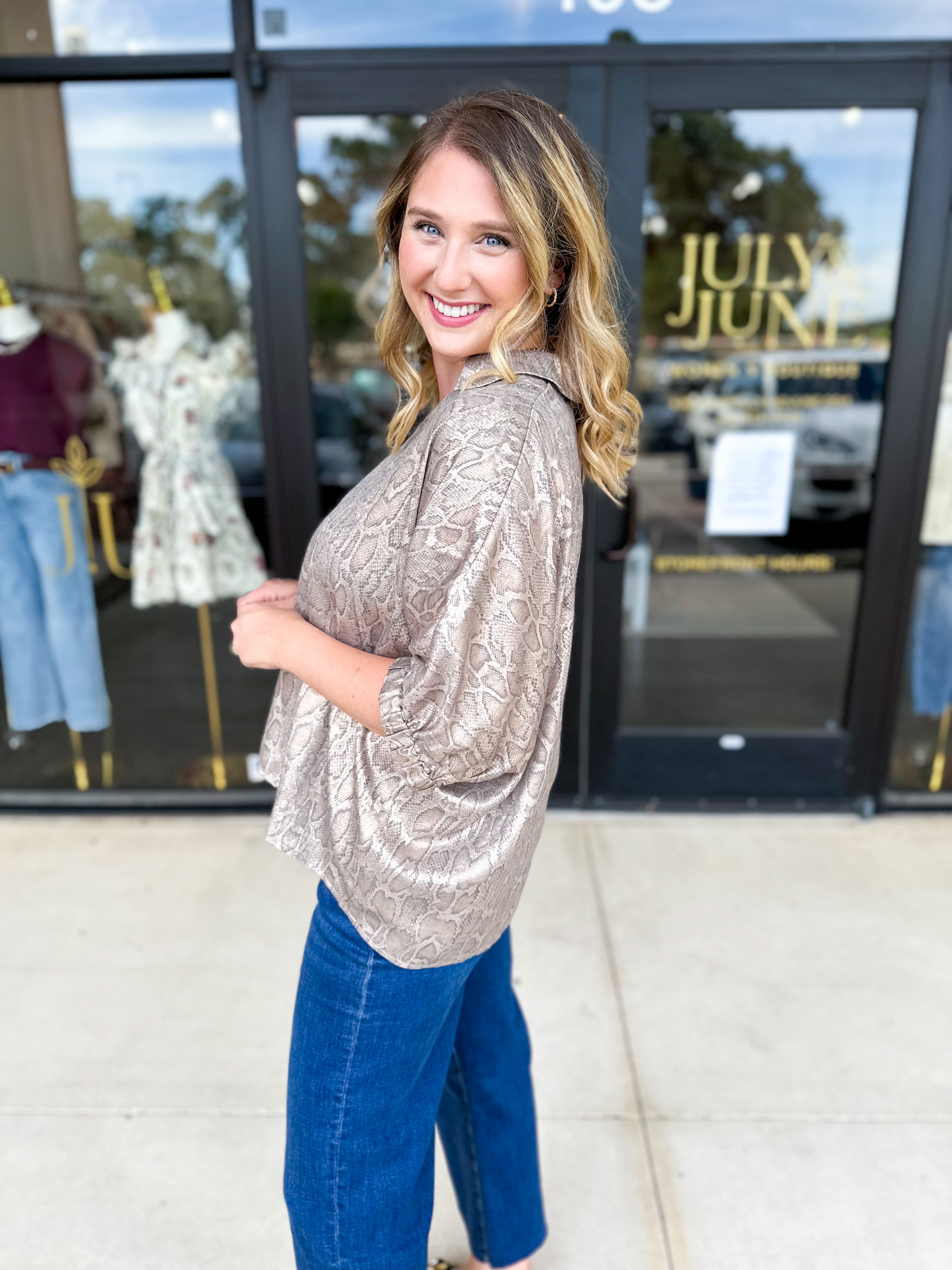 Snakeskin Shimmer Blouse-200 Fashion Blouses-JODIFL-July & June Women's Fashion Boutique Located in San Antonio, Texas