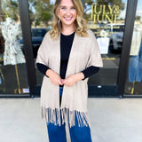 Oatmeal Fringe Wrap Cardigan-230 Sweaters/Cardis-SKIES ARE BLUE-July & June Women's Fashion Boutique Located in San Antonio, Texas
