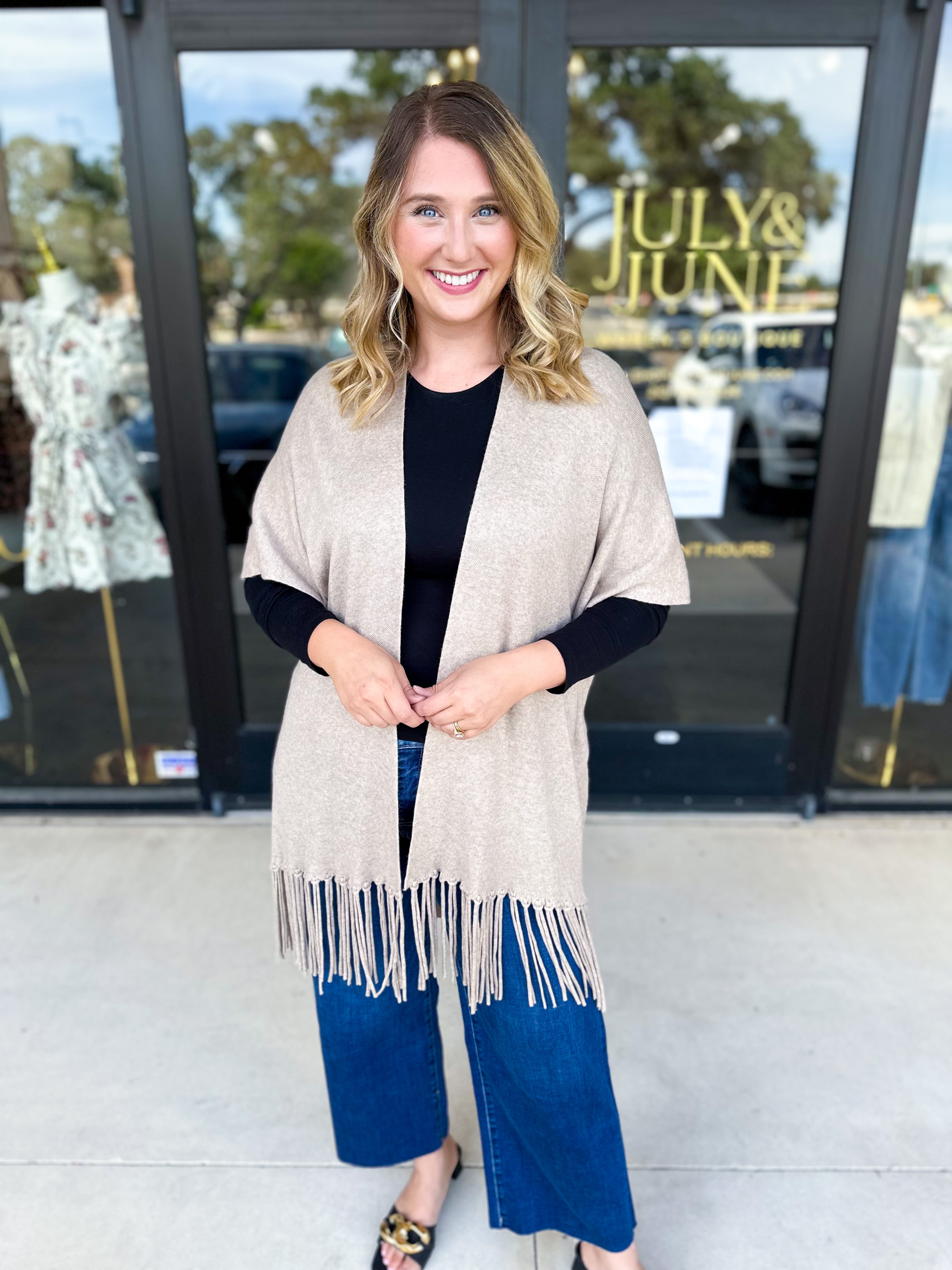Oatmeal Fringe Wrap Cardigan-230 Sweaters/Cardis-SKIES ARE BLUE-July & June Women's Fashion Boutique Located in San Antonio, Texas