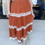 Rust Lace Midi Skirt-410 Shorts/Skirts-LISTICLE-July & June Women's Fashion Boutique Located in San Antonio, Texas