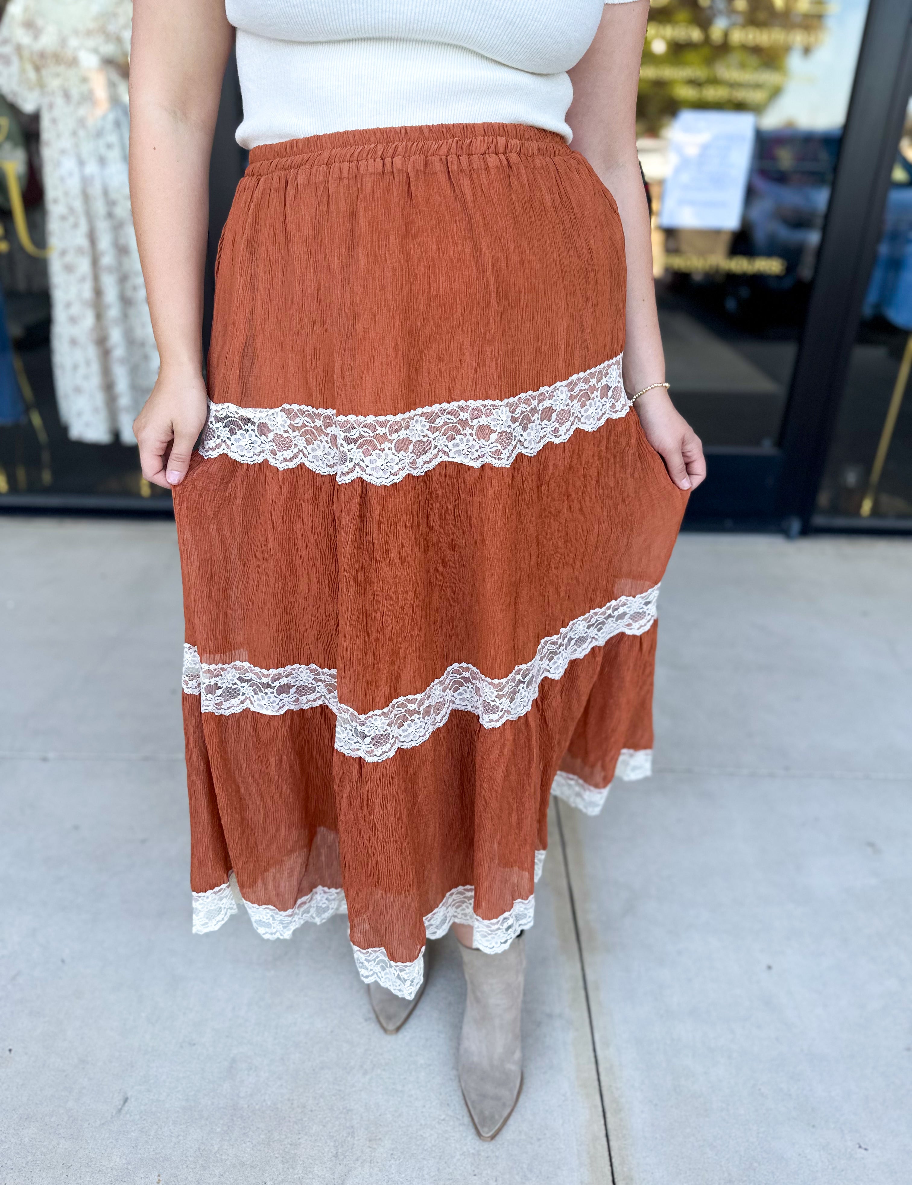 Rust Lace Midi Skirt-410 Shorts/Skirts-LISTICLE-July & June Women's Fashion Boutique Located in San Antonio, Texas