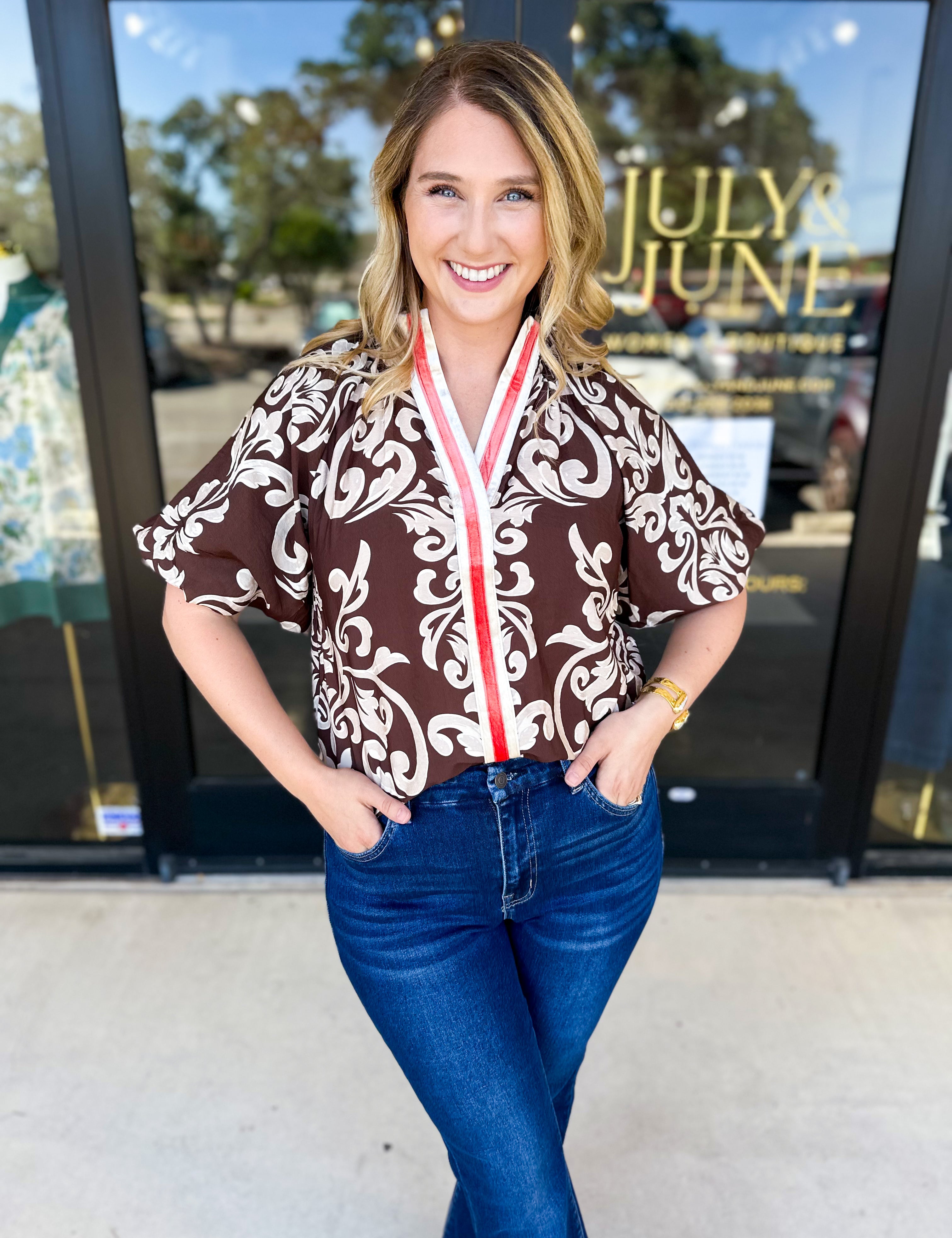 THML - Mocha Scroll Blouse-200 Fashion Blouses-THML-July & June Women's Fashion Boutique Located in San Antonio, Texas