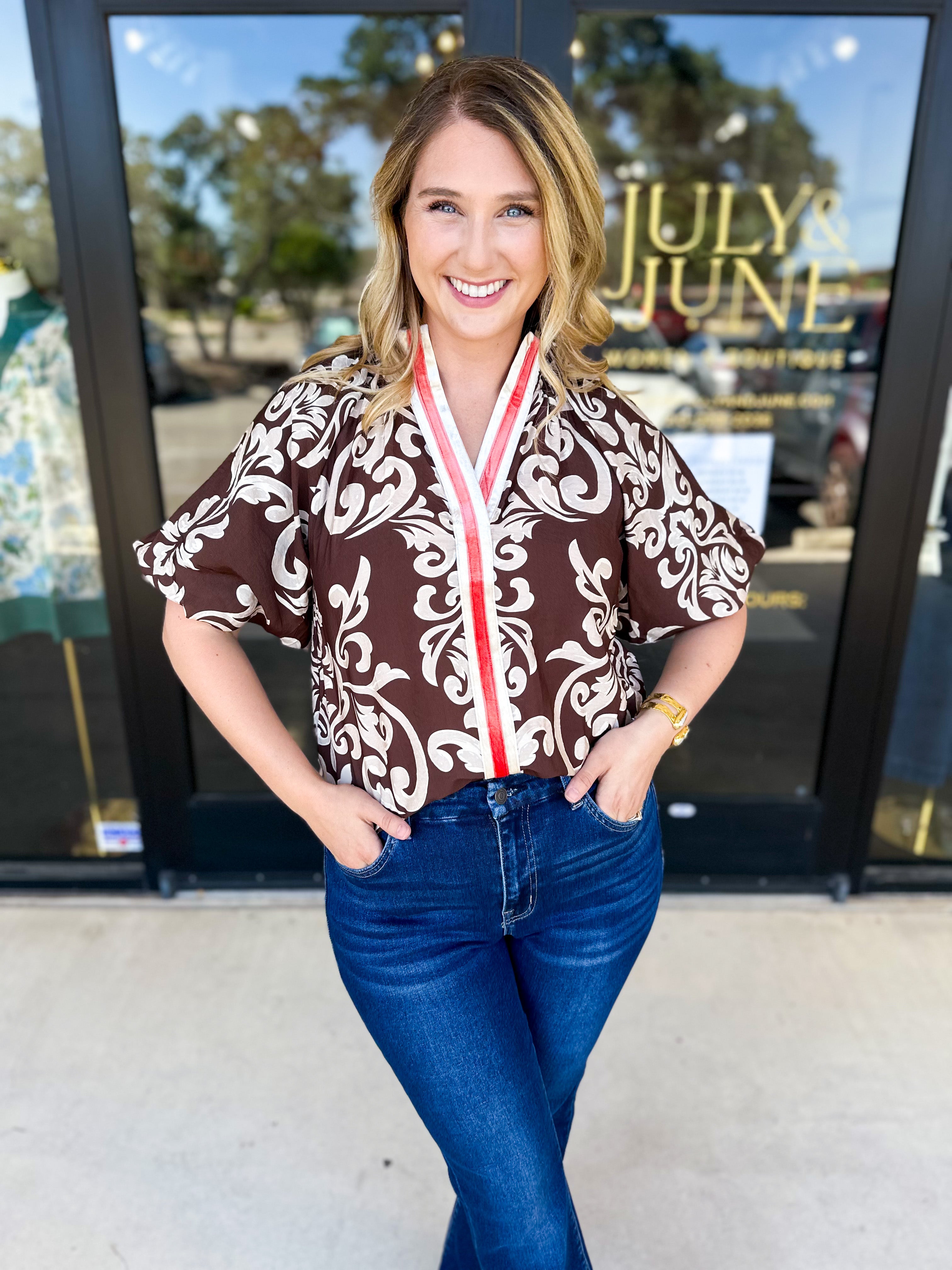 THML - Mocha Scroll Blouse-200 Fashion Blouses-THML-July & June Women's Fashion Boutique Located in San Antonio, Texas
