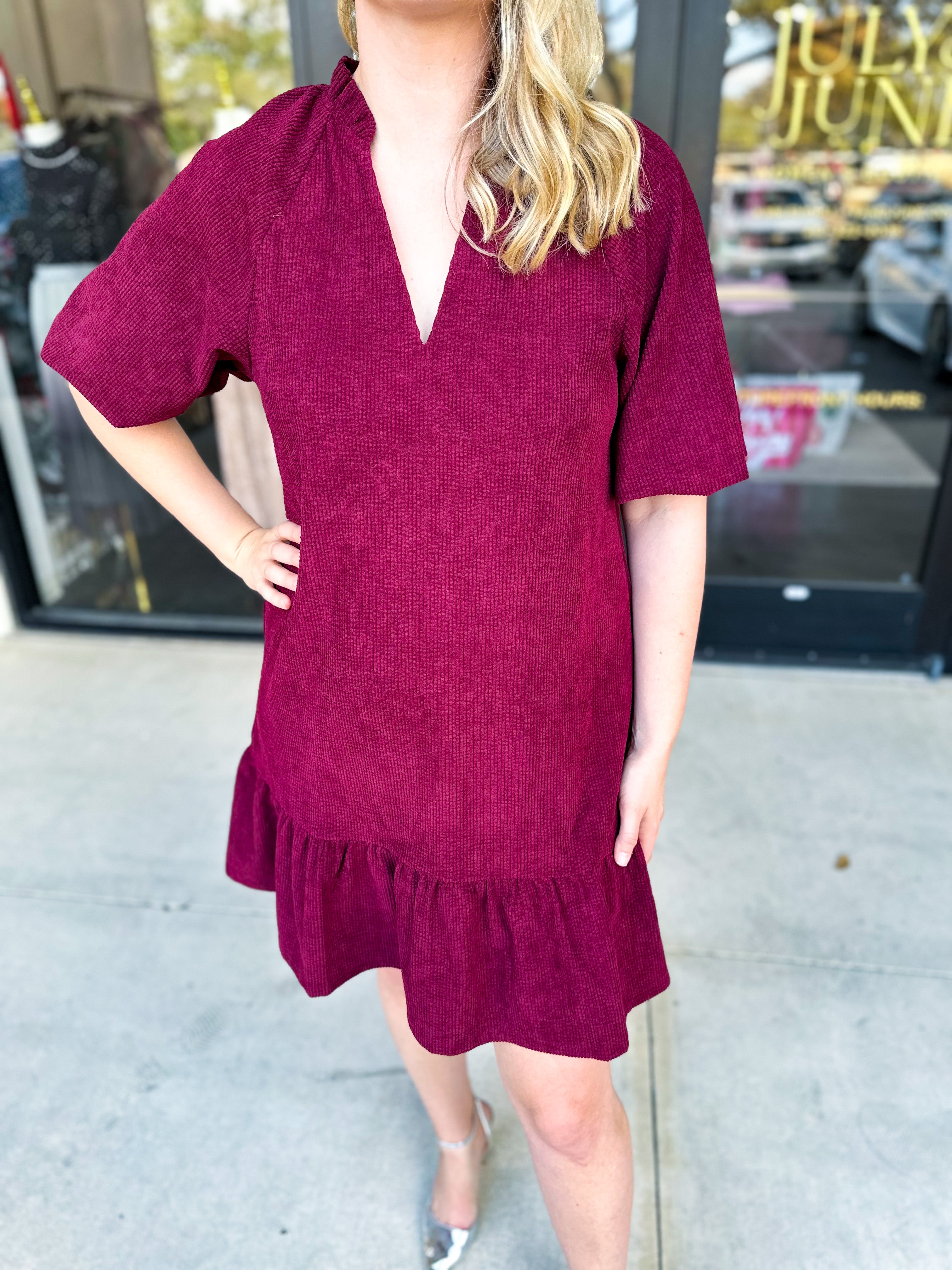 THML- Maroon Corduroy Mini Dress-510 Mini-THML-July & June Women's Fashion Boutique Located in San Antonio, Texas