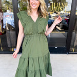 THML - Gather Midi Dress - Olive-500 Midi-THML-July & June Women's Fashion Boutique Located in San Antonio, Texas