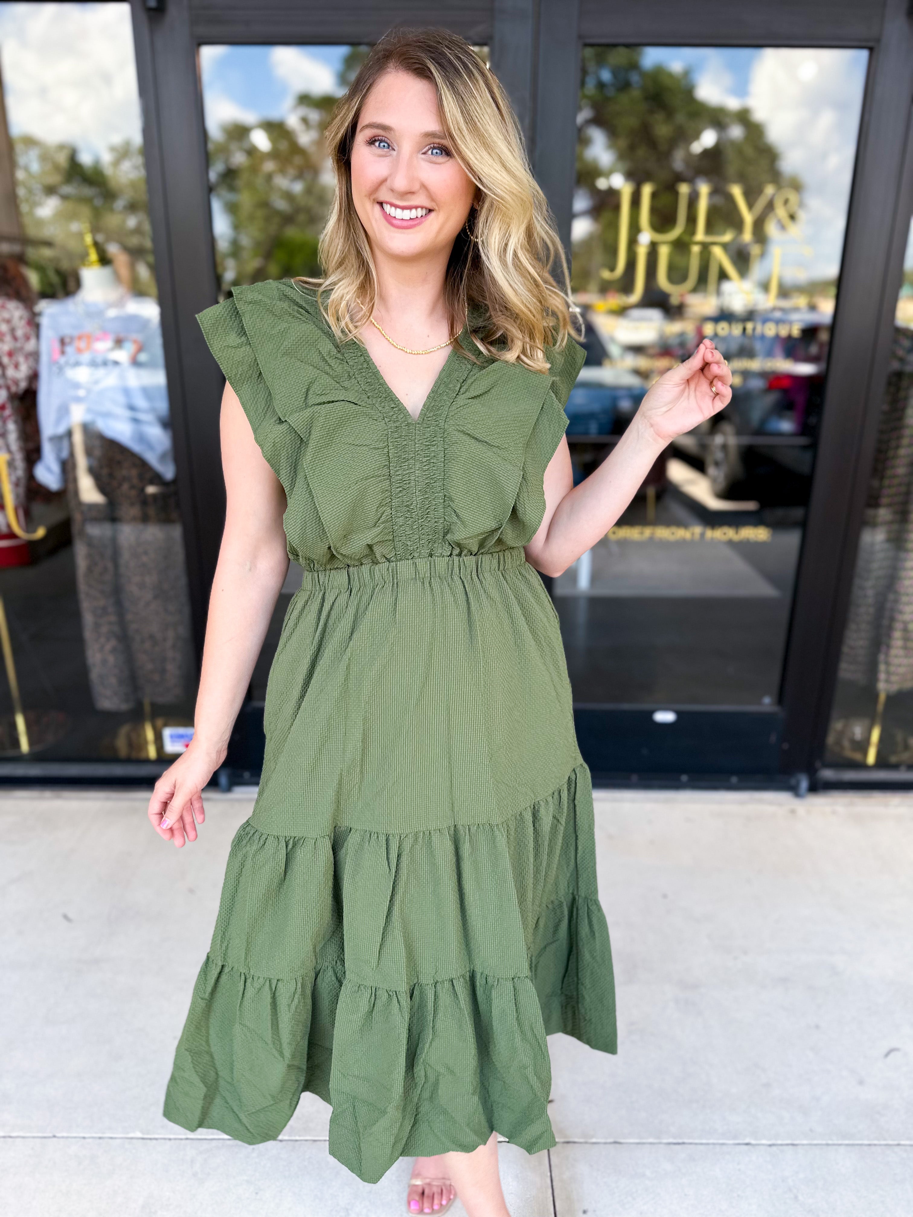 THML - Gather Midi Dress - Olive-500 Midi-THML-July & June Women's Fashion Boutique Located in San Antonio, Texas