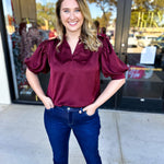 Pink Friday Doorbuster - Puff Sleeve Satin Blouse - Wine - IN STORE-PINK FRIDAY DOORBUSTERS-GLAM-July & June Women's Fashion Boutique Located in San Antonio, Texas