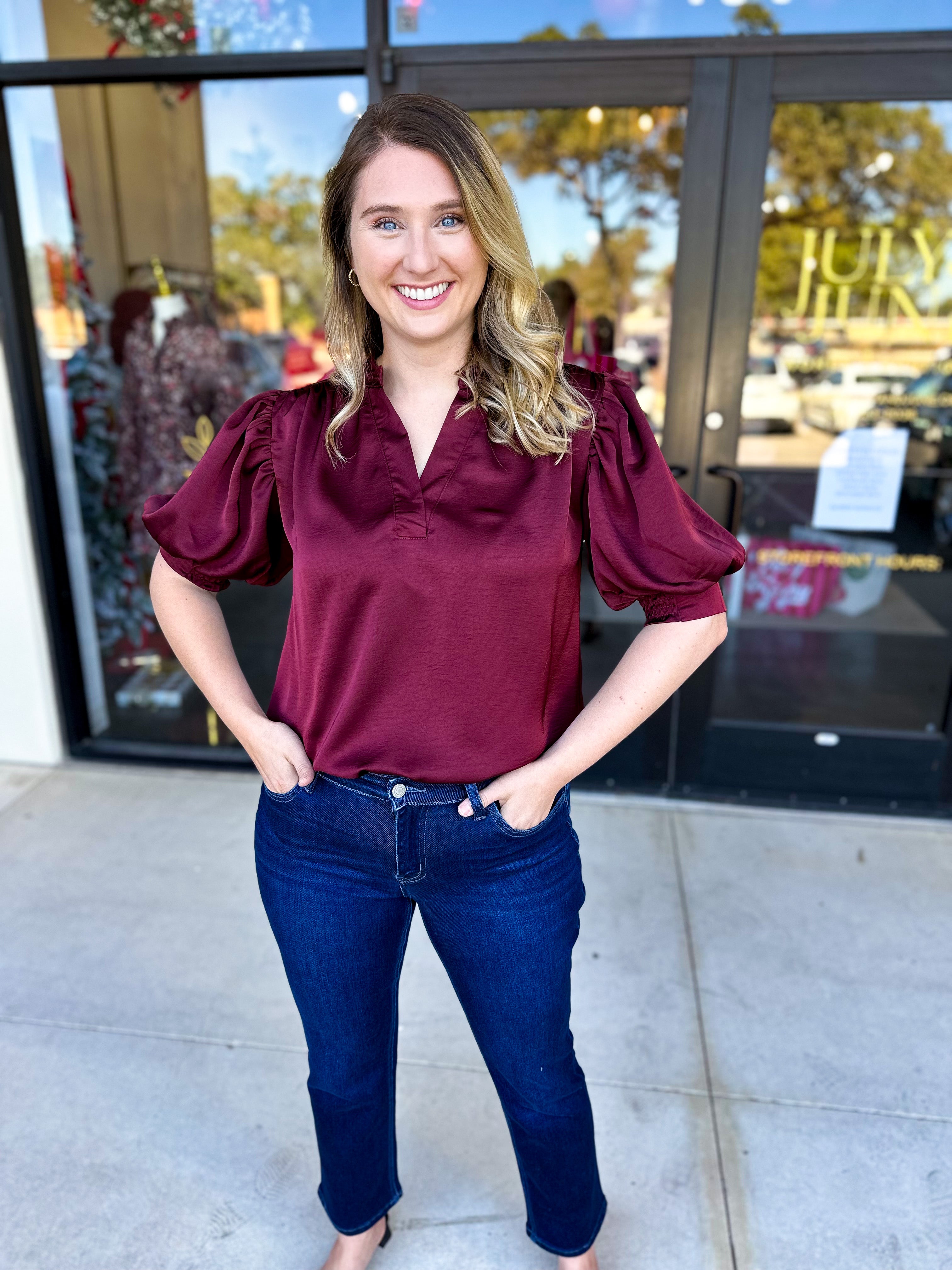 Pink Friday Doorbuster - Puff Sleeve Satin Blouse - Wine - IN STORE-PINK FRIDAY DOORBUSTERS-GLAM-July & June Women's Fashion Boutique Located in San Antonio, Texas