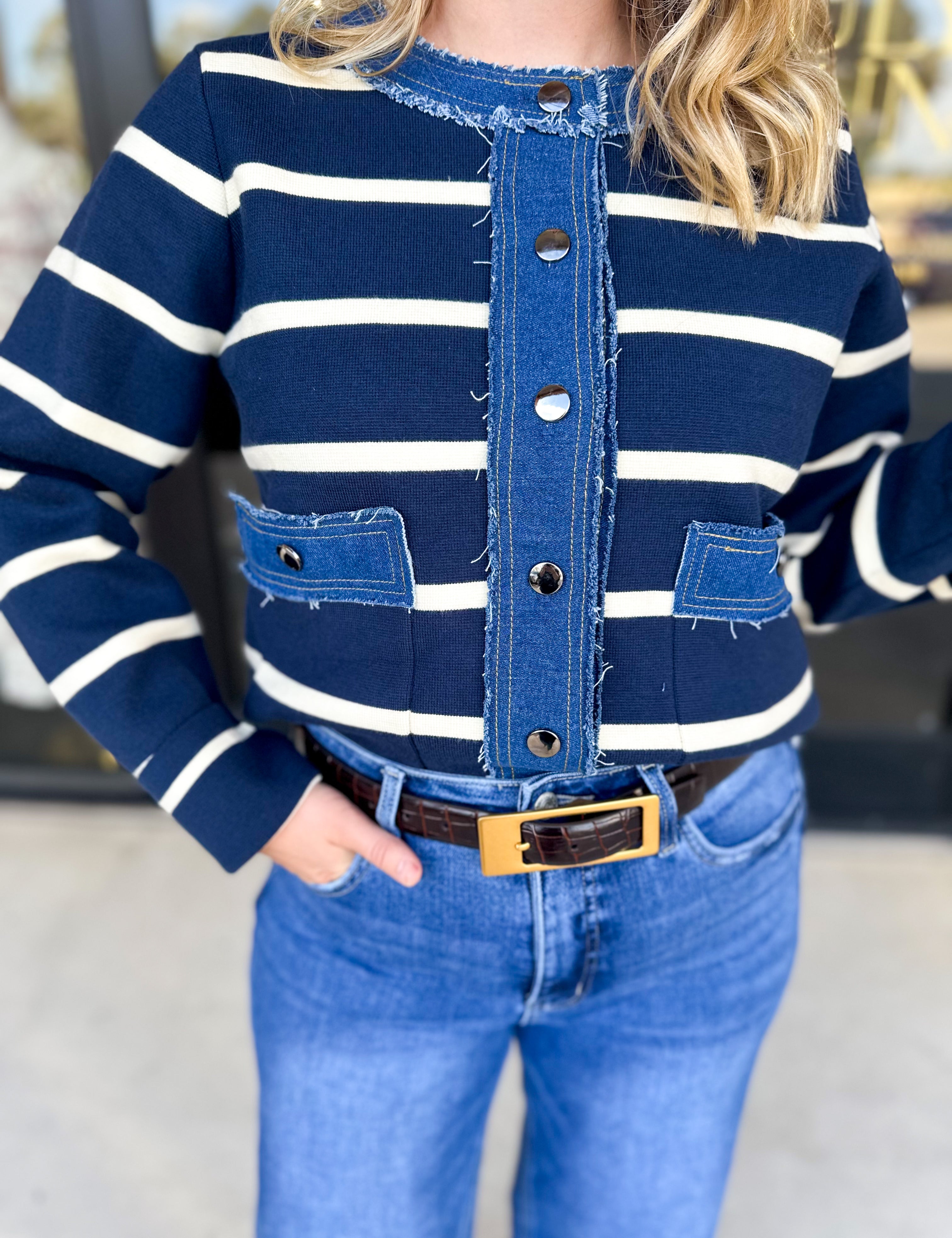 Denim Dreams Cardigan-230 Sweaters/Cardis-ENTRO-July & June Women's Fashion Boutique Located in San Antonio, Texas