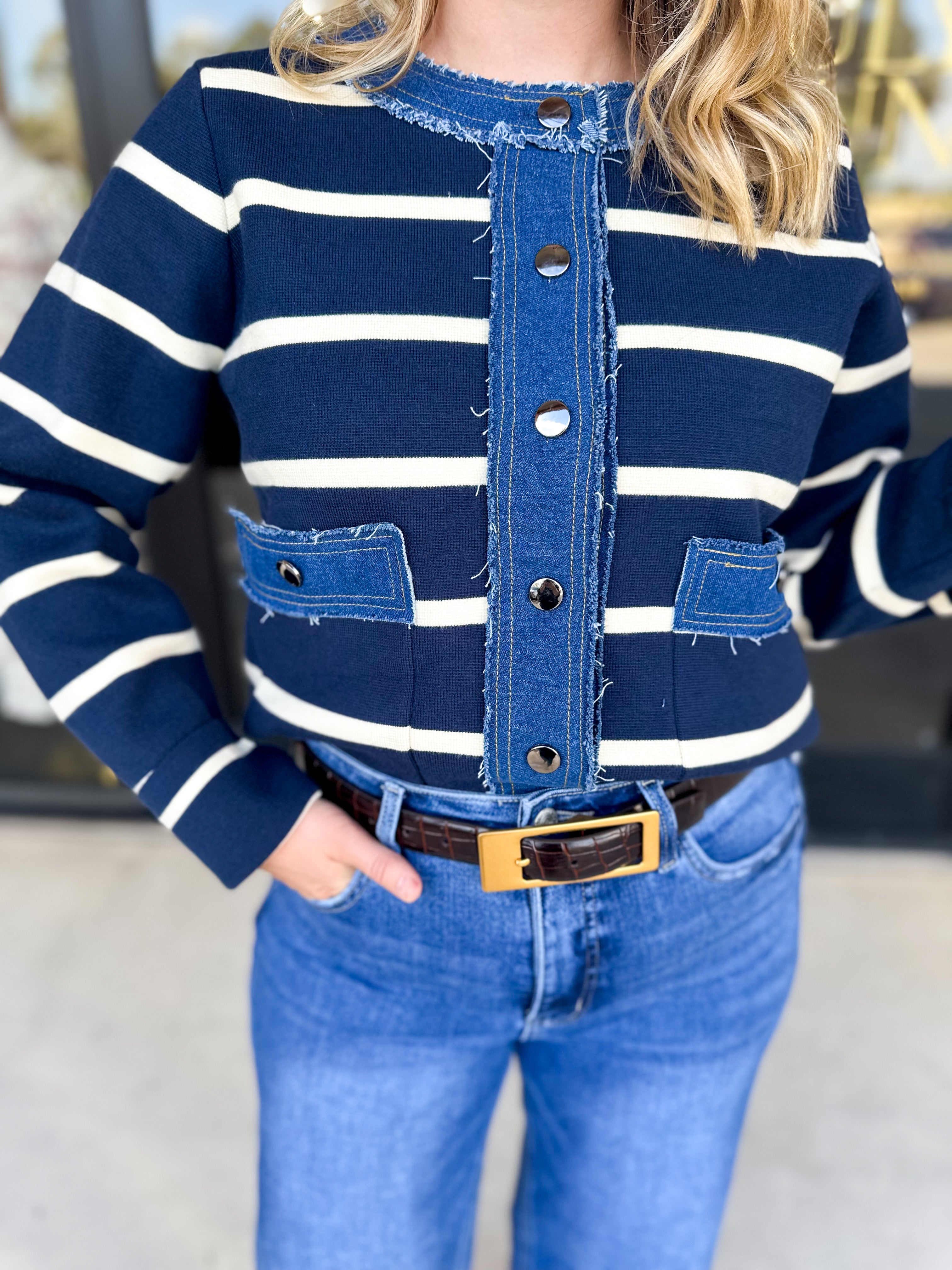 Denim Dreams Cardigan-230 Sweaters/Cardis-ENTRO-July & June Women's Fashion Boutique Located in San Antonio, Texas