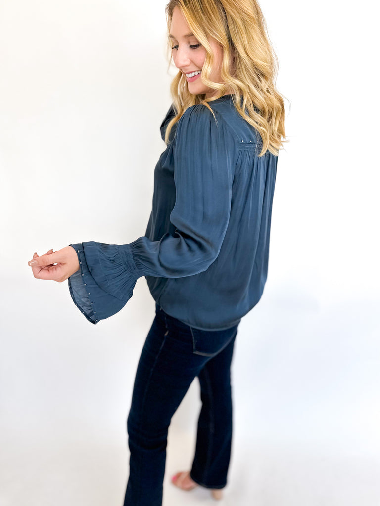 Studded Long Sleeve Blouse- Navy-200 Fashion Blouses-CURRENT AIR CLOTHING-July & June Women's Fashion Boutique Located in San Antonio, Texas