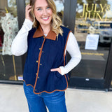 Navy & Suede Vest-600 Outerwear-ENTRO-July & June Women's Fashion Boutique Located in San Antonio, Texas