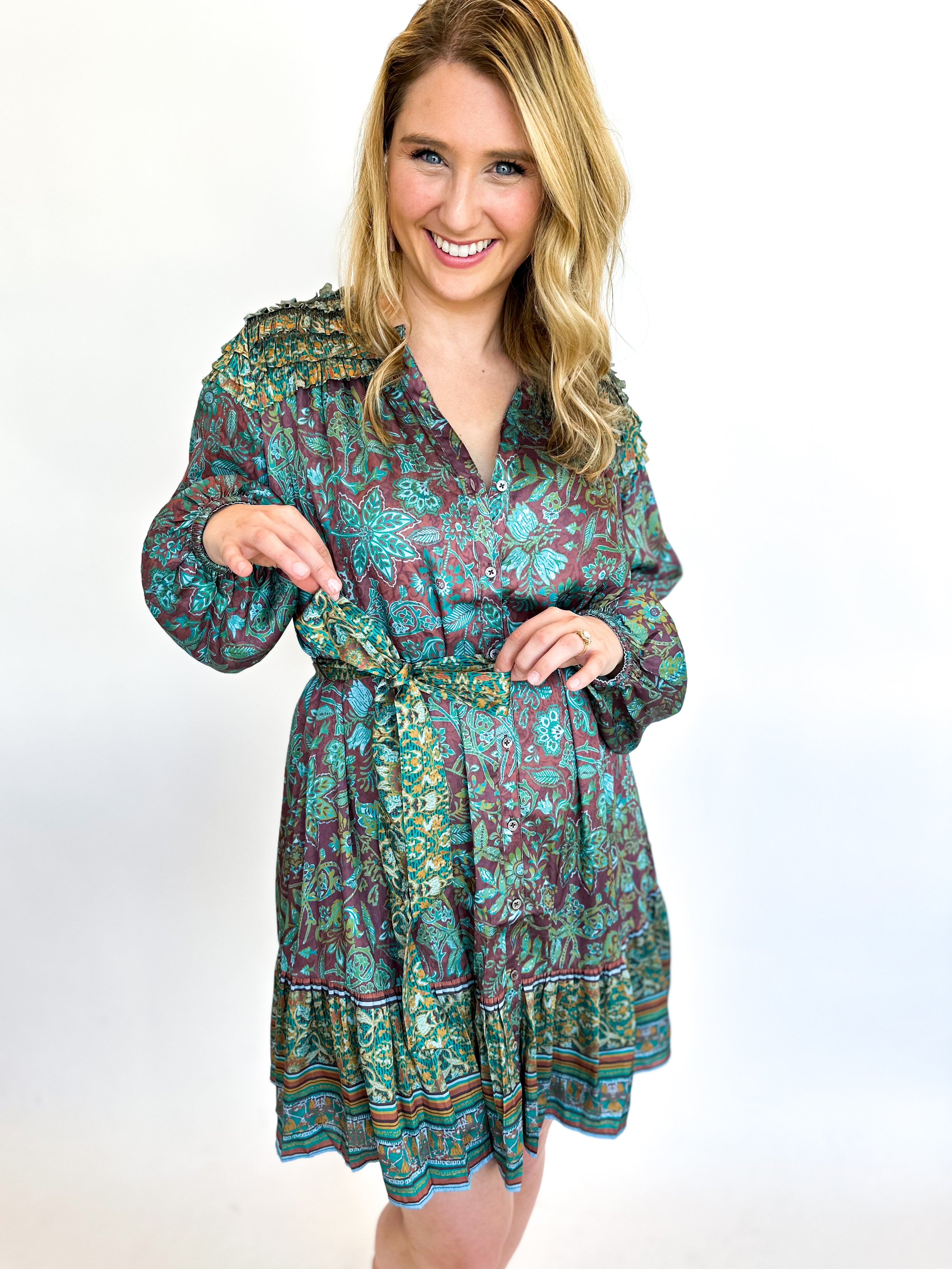 Teal & Mocha Floral Mini Dress-510 Mini-CURRENT AIR CLOTHING-July & June Women's Fashion Boutique Located in San Antonio, Texas
