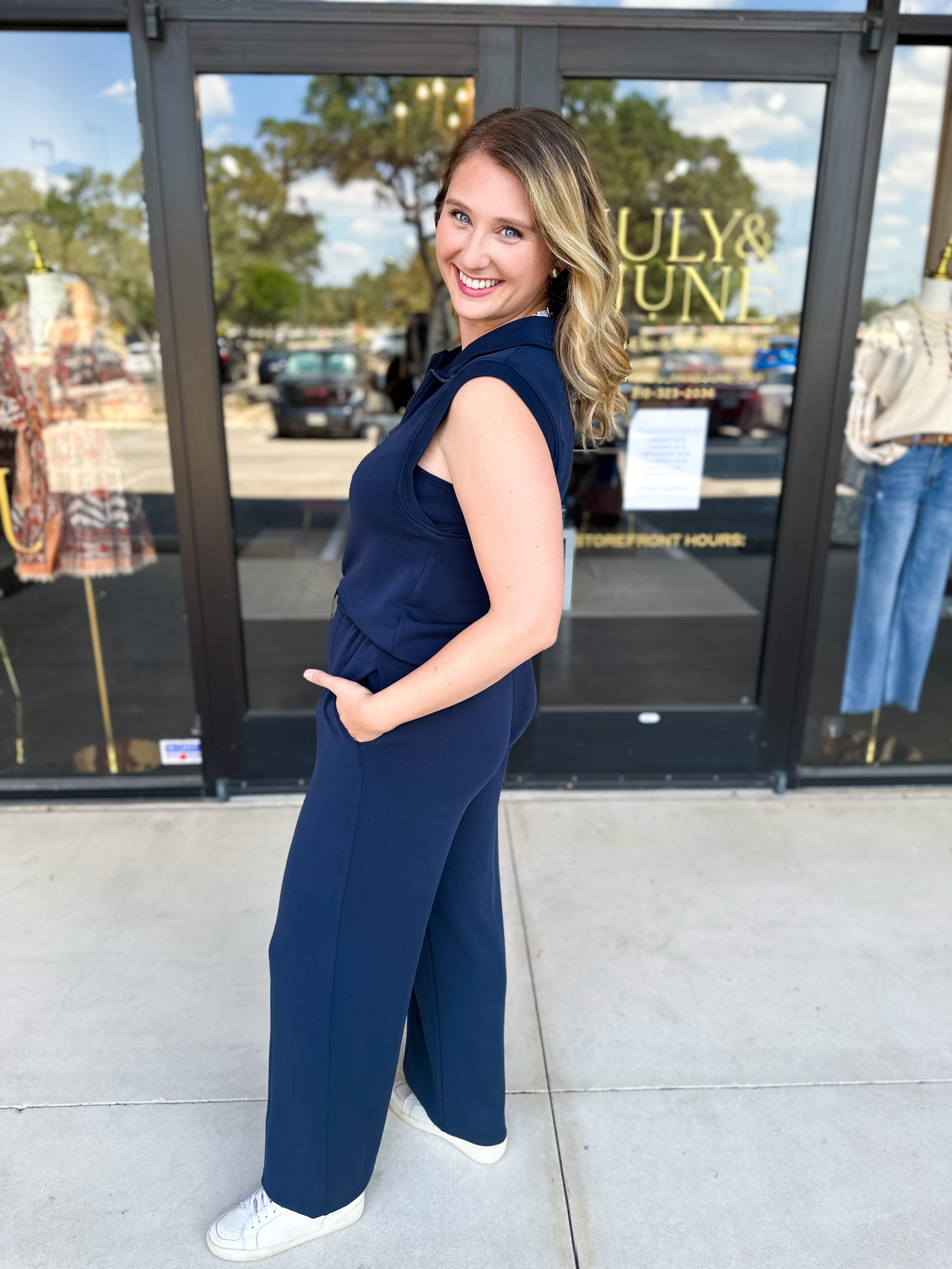 Soft Modal Zip Sleeveless Top - Navy - RESTOCK-210 Casual Blouses-SKIES ARE BLUE-July & June Women's Fashion Boutique Located in San Antonio, Texas