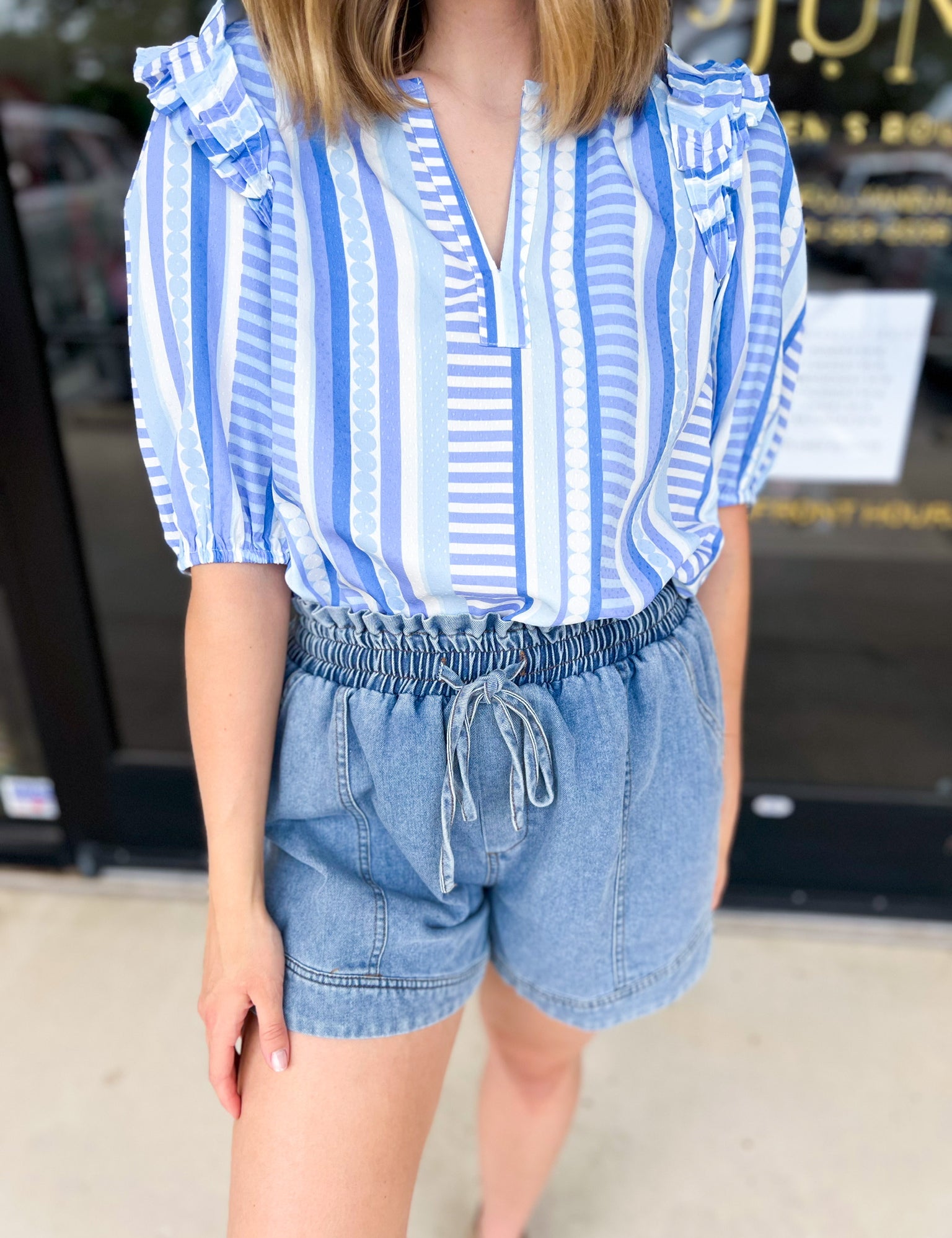 Mary Square - Blue Skylar Blouse-200 Fashion Blouses-MARY SQUARE-July & June Women's Fashion Boutique Located in San Antonio, Texas