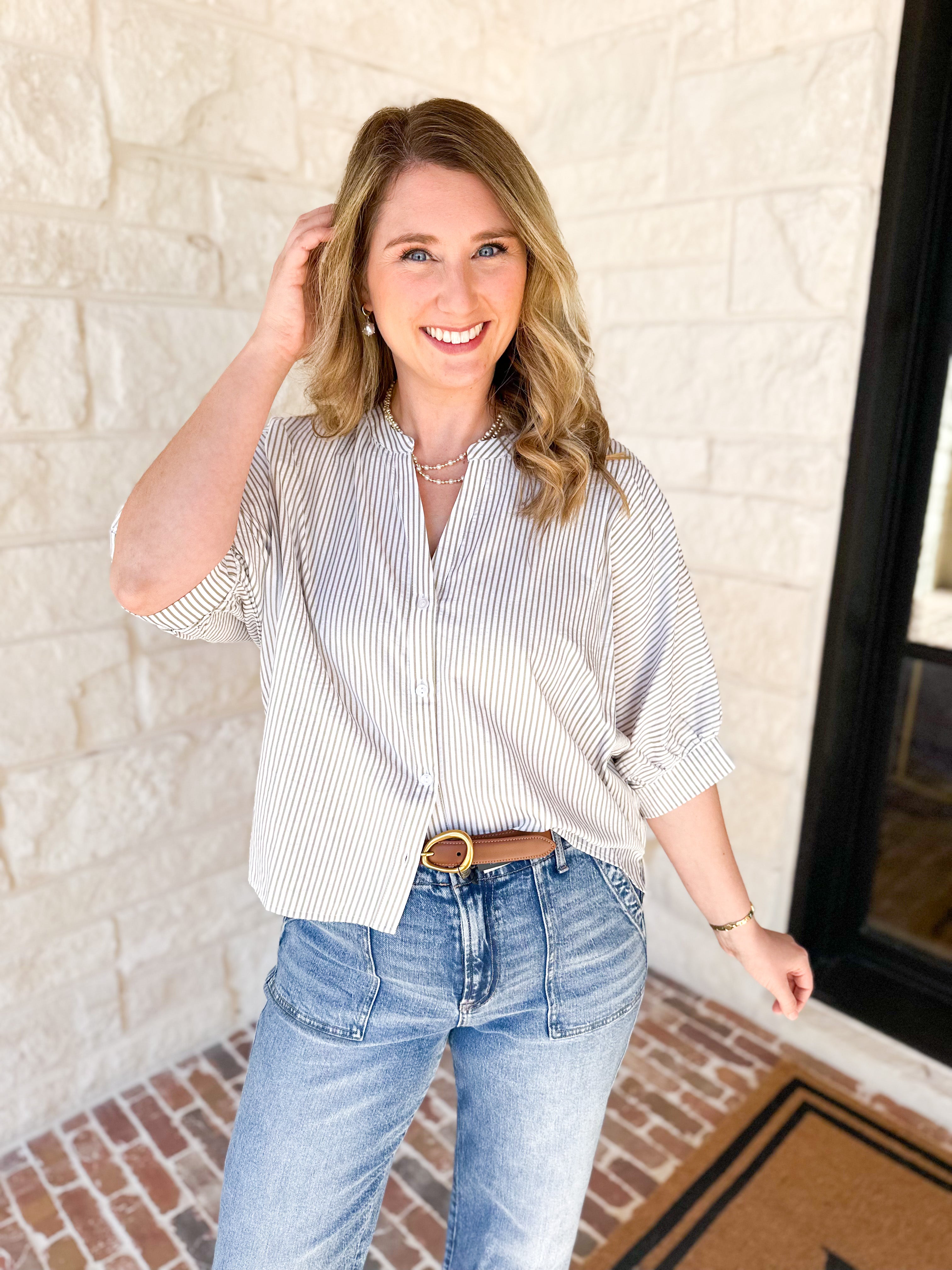 Stripe Dolman Blouse - Sage-200 Fashion Blouses-ALLIE ROSE-July & June Women's Fashion Boutique Located in San Antonio, Texas