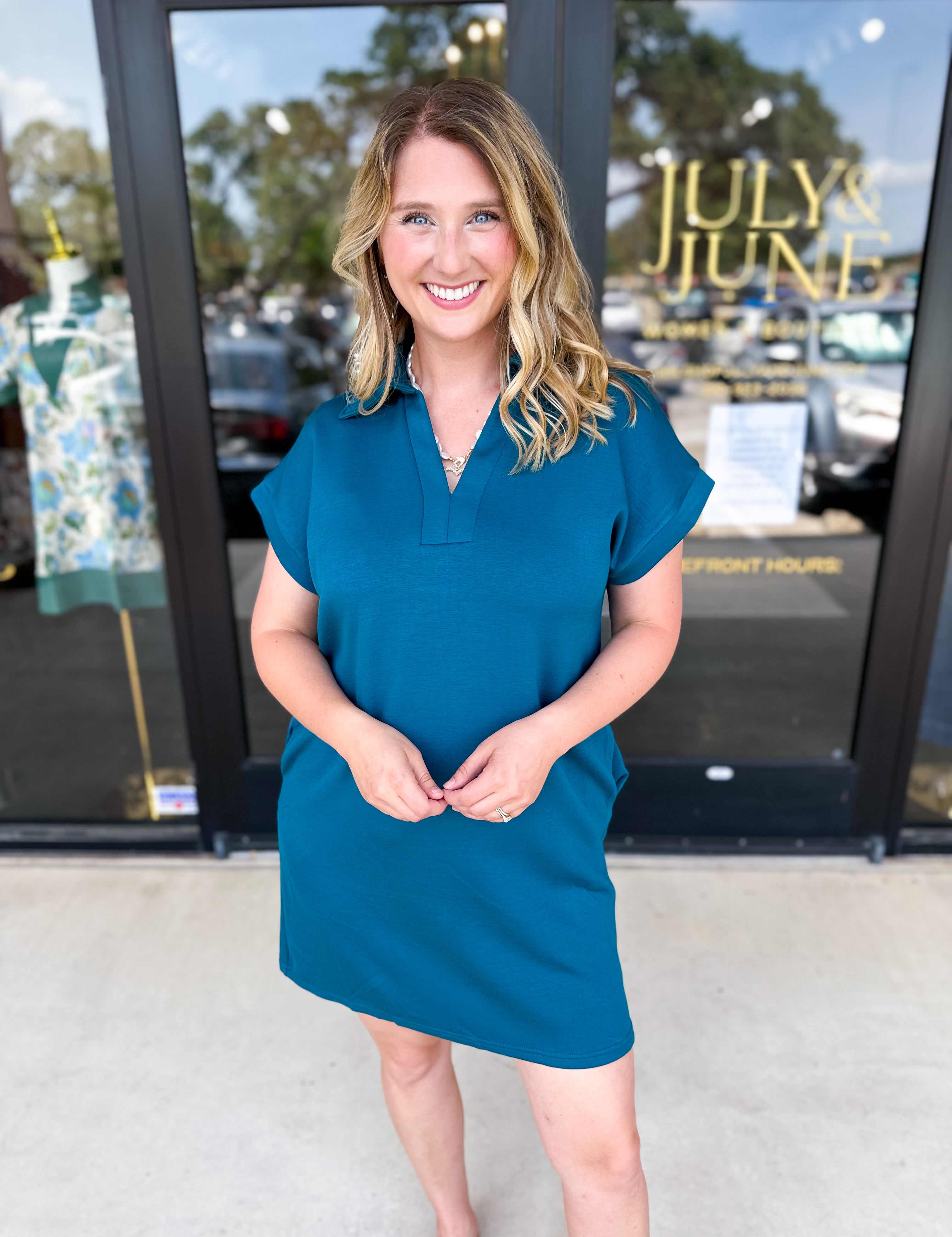 The Comfy Travel Midi Dress - Teal-510 Mini-ENTRO-July & June Women's Fashion Boutique Located in San Antonio, Texas