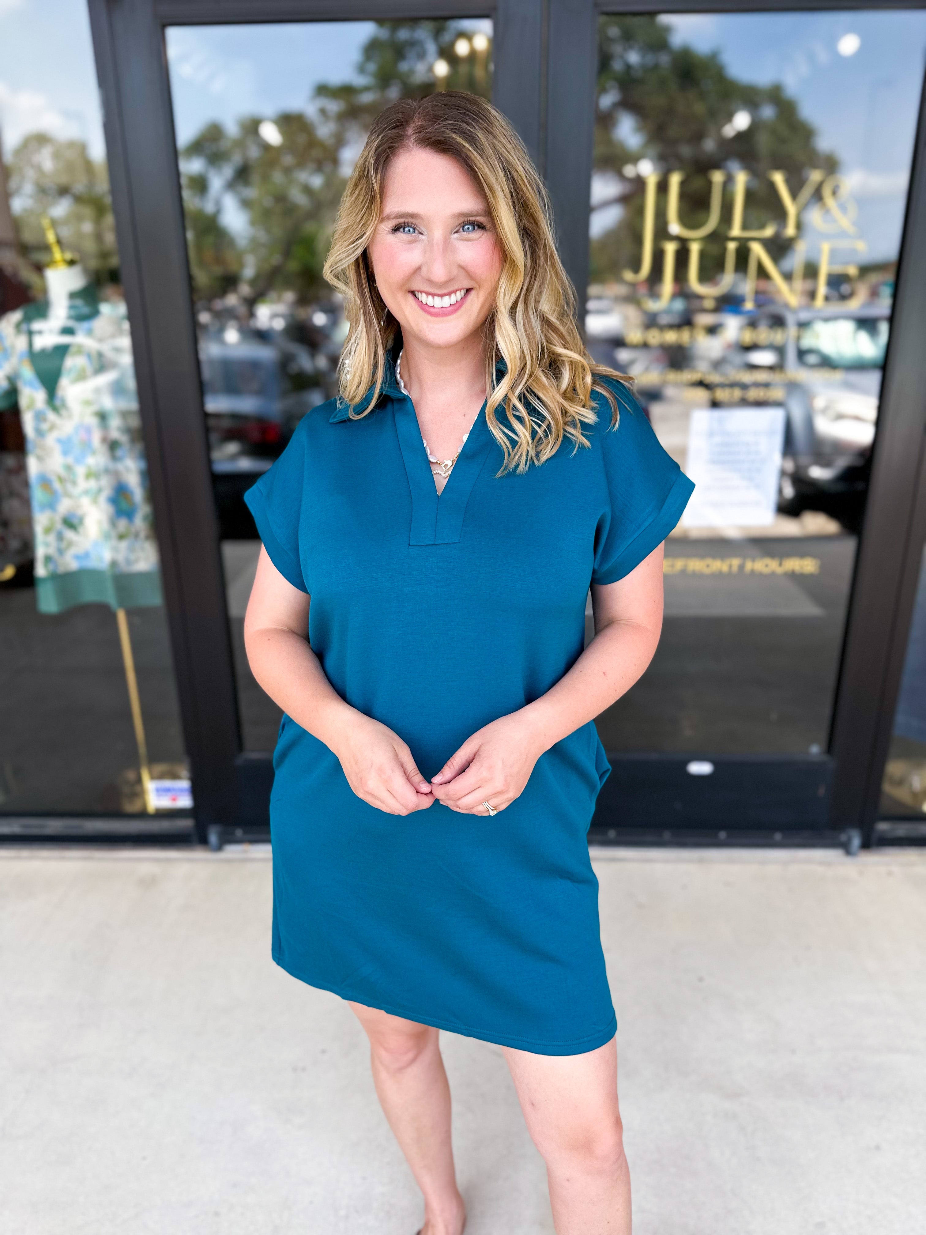 The Comfy Travel Midi Dress - Teal-510 Mini-ENTRO-July & June Women's Fashion Boutique Located in San Antonio, Texas