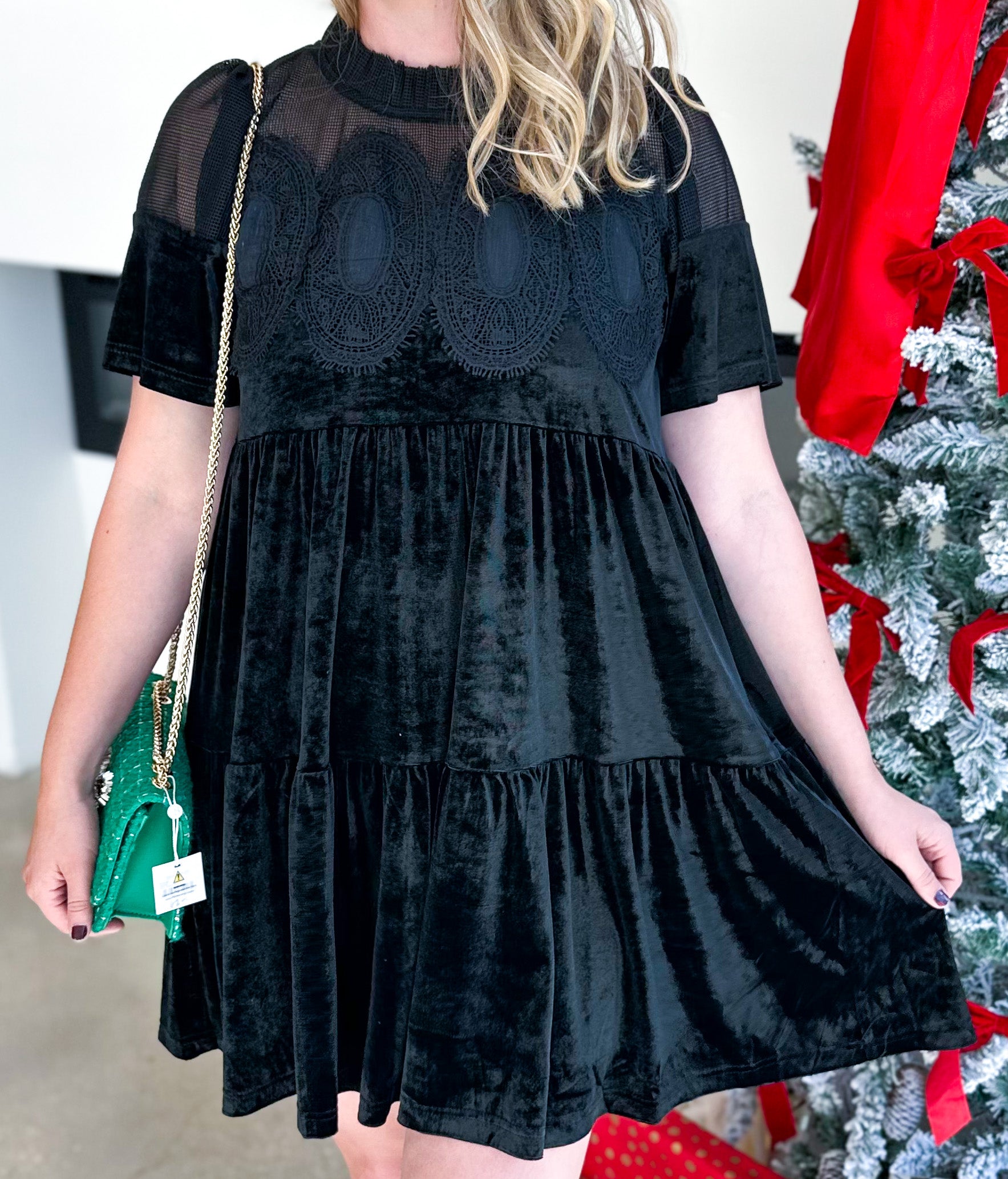 Lace Details Velvet Mini Dress - Black-510 Mini-FATE-July & June Women's Fashion Boutique Located in San Antonio, Texas