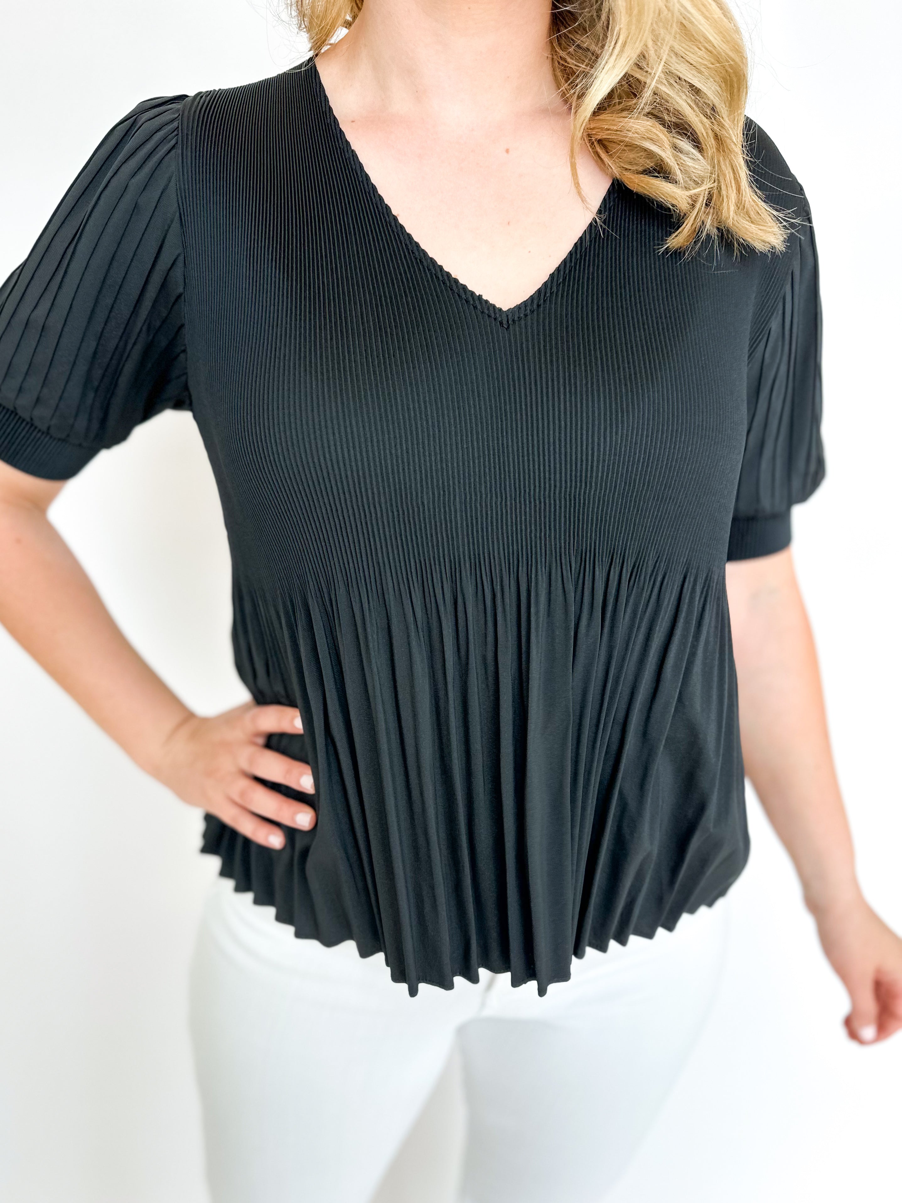 Pleated Peplum Blouse - Black-200 Fashion Blouses-CURRENT AIR CLOTHING-July & June Women's Fashion Boutique Located in San Antonio, Texas