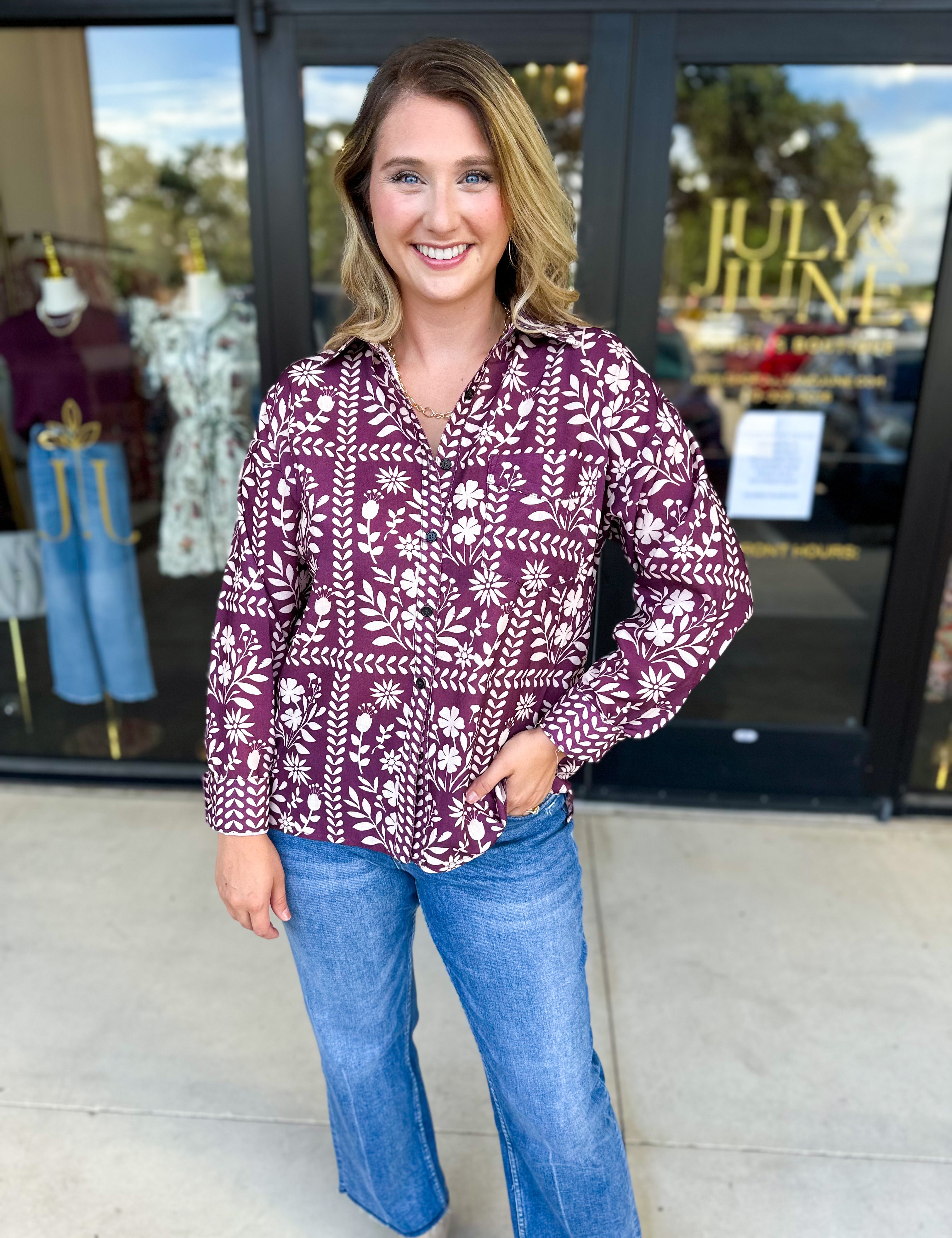 The Wrenlee Blouse - Wine-200 Fashion Blouses-POLOGRAM-July & June Women's Fashion Boutique Located in San Antonio, Texas
