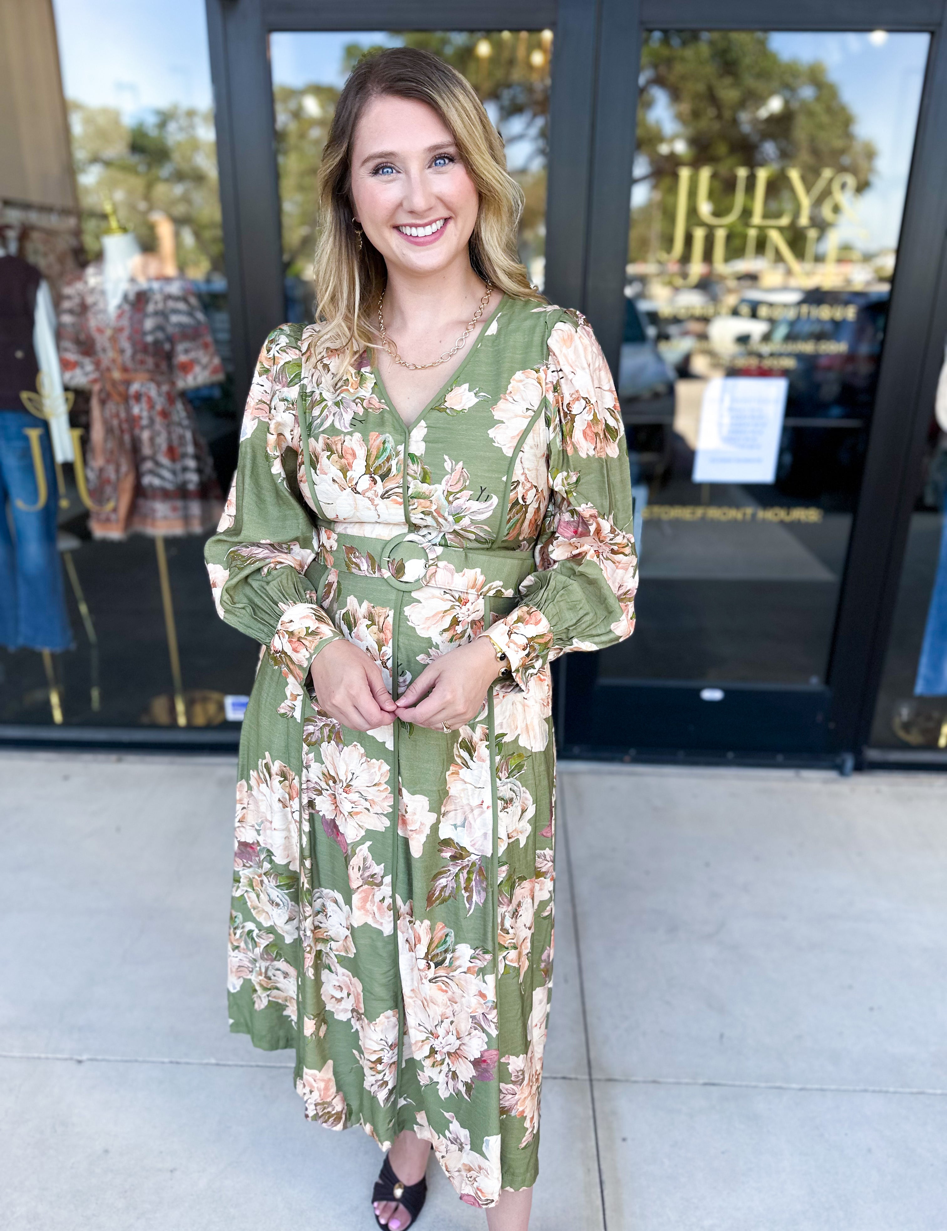 Fall Meadows Midi Dress - Olive-500 Midi-ENTRO-July & June Women's Fashion Boutique Located in San Antonio, Texas
