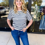 Striped Round Neck Tee - Navy-210 Casual Blouses-POLOGRAM-July & June Women's Fashion Boutique Located in San Antonio, Texas
