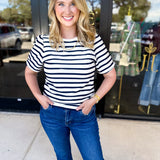 Striped Round Neck Tee - Navy-210 Casual Blouses-POLOGRAM-July & June Women's Fashion Boutique Located in San Antonio, Texas